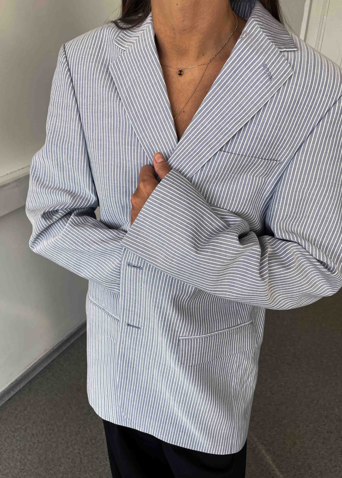 Vintage Light Grey Striped Oversized Cotton Blazer