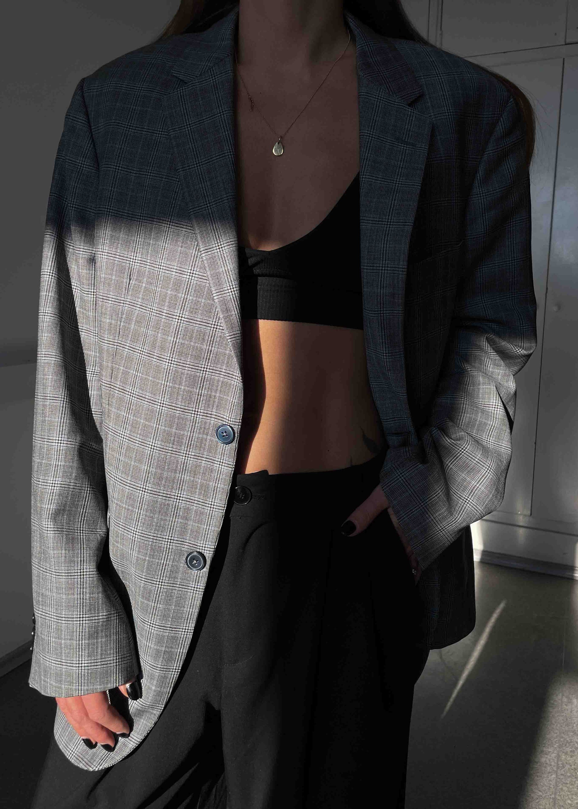 Vintage Grey Checked Oversized 100% WOOL Blazer