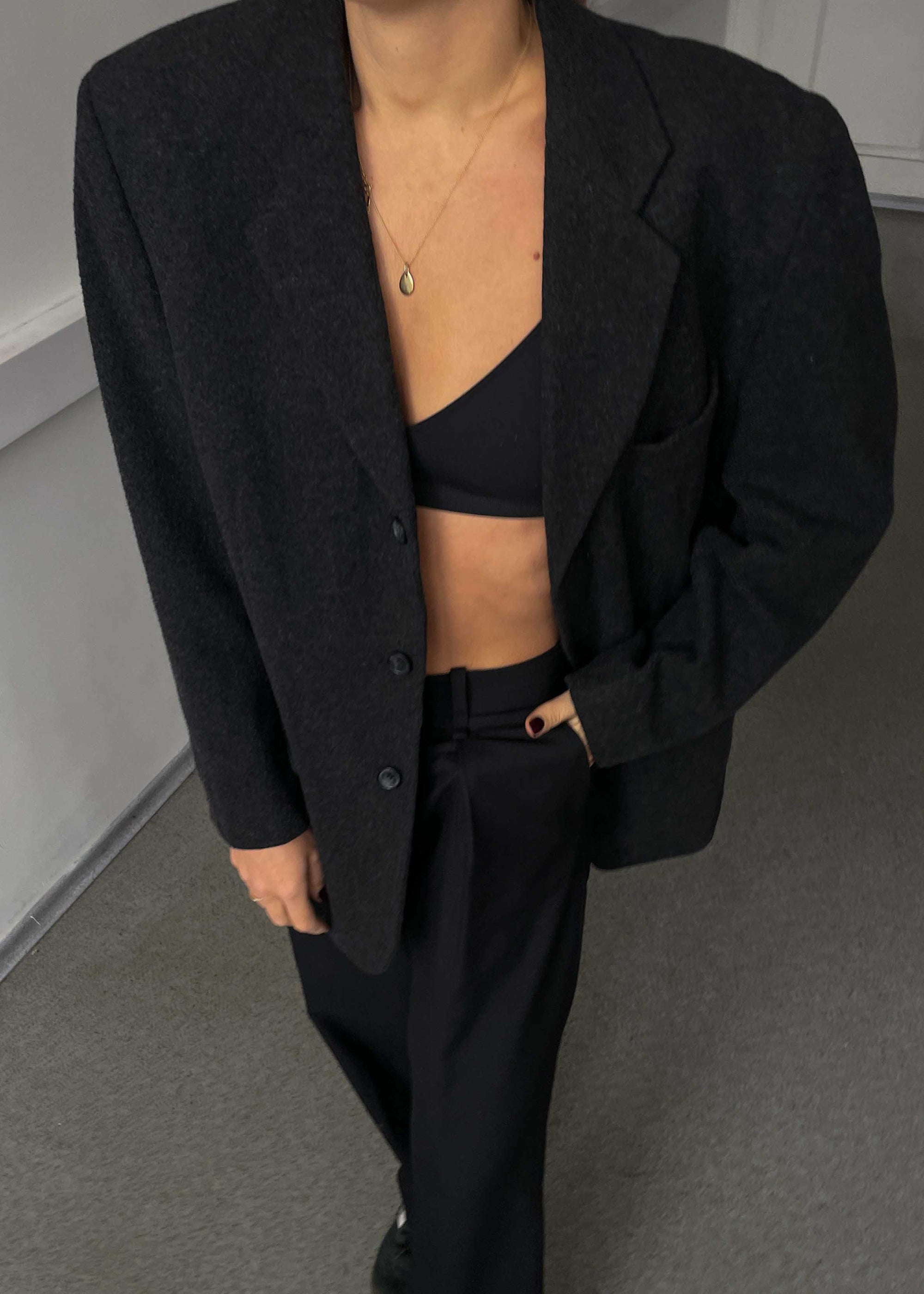 Vintage Dark Grey Oversized Brushed Wool Blazer