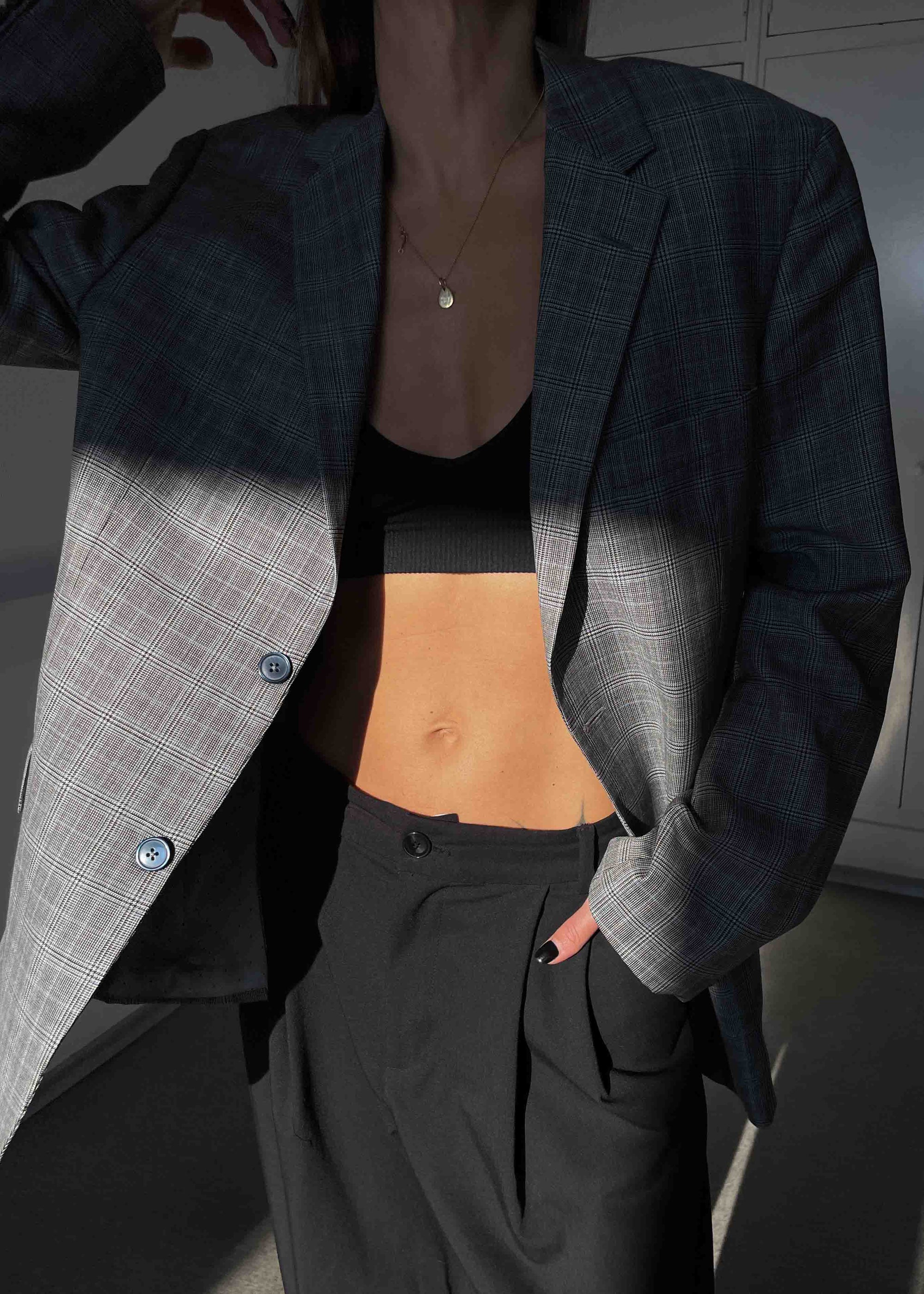 Vintage Grey Checked Oversized 100% WOOL Blazer