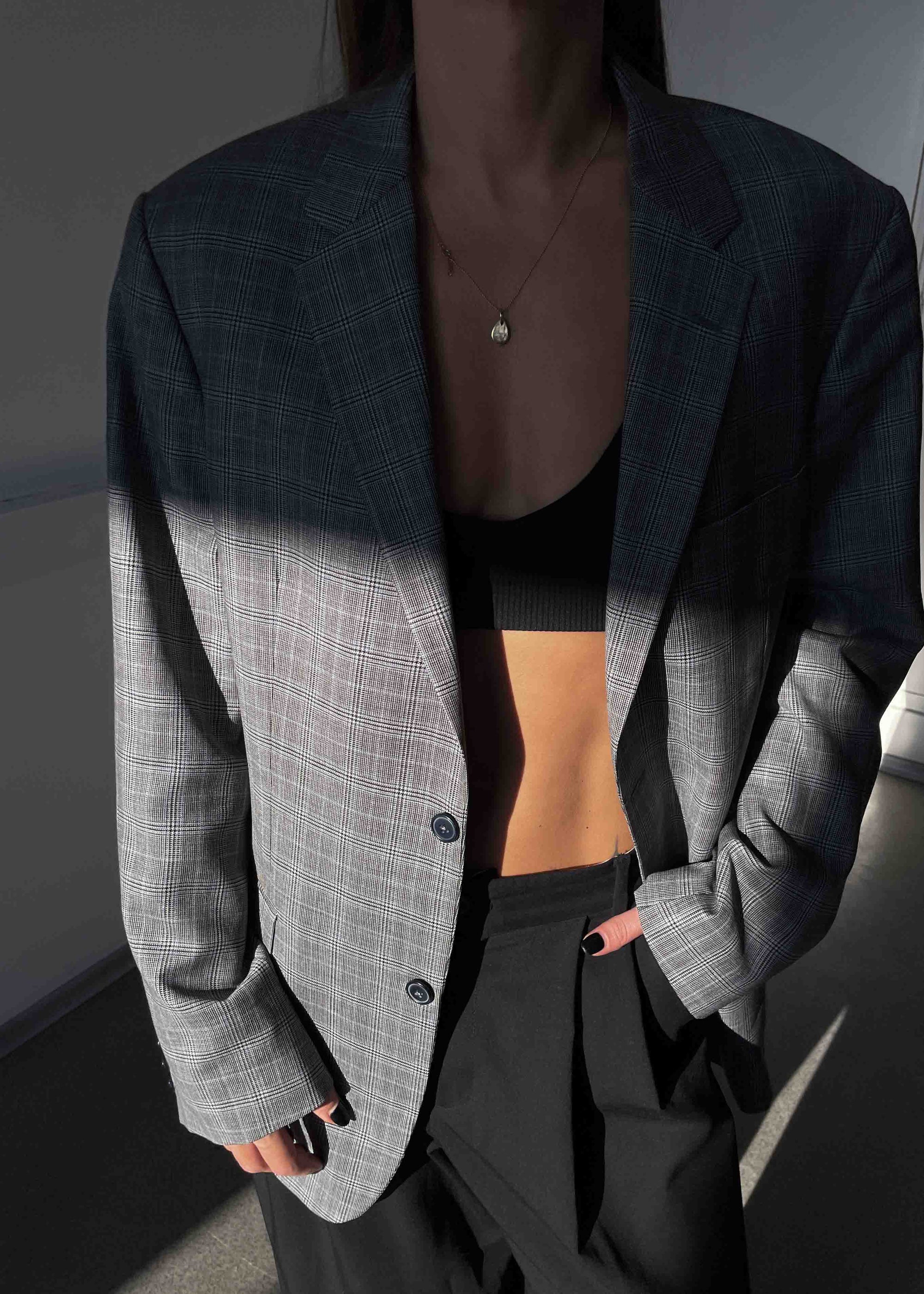 Vintage Grey Checked Oversized 100% WOOL Blazer