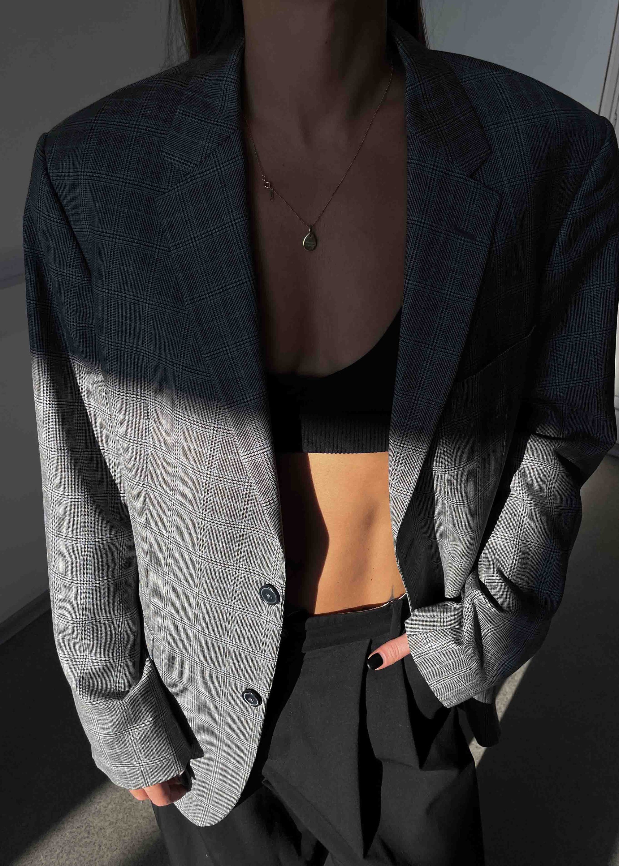 Vintage Grey Checked Oversized 100% WOOL Blazer
