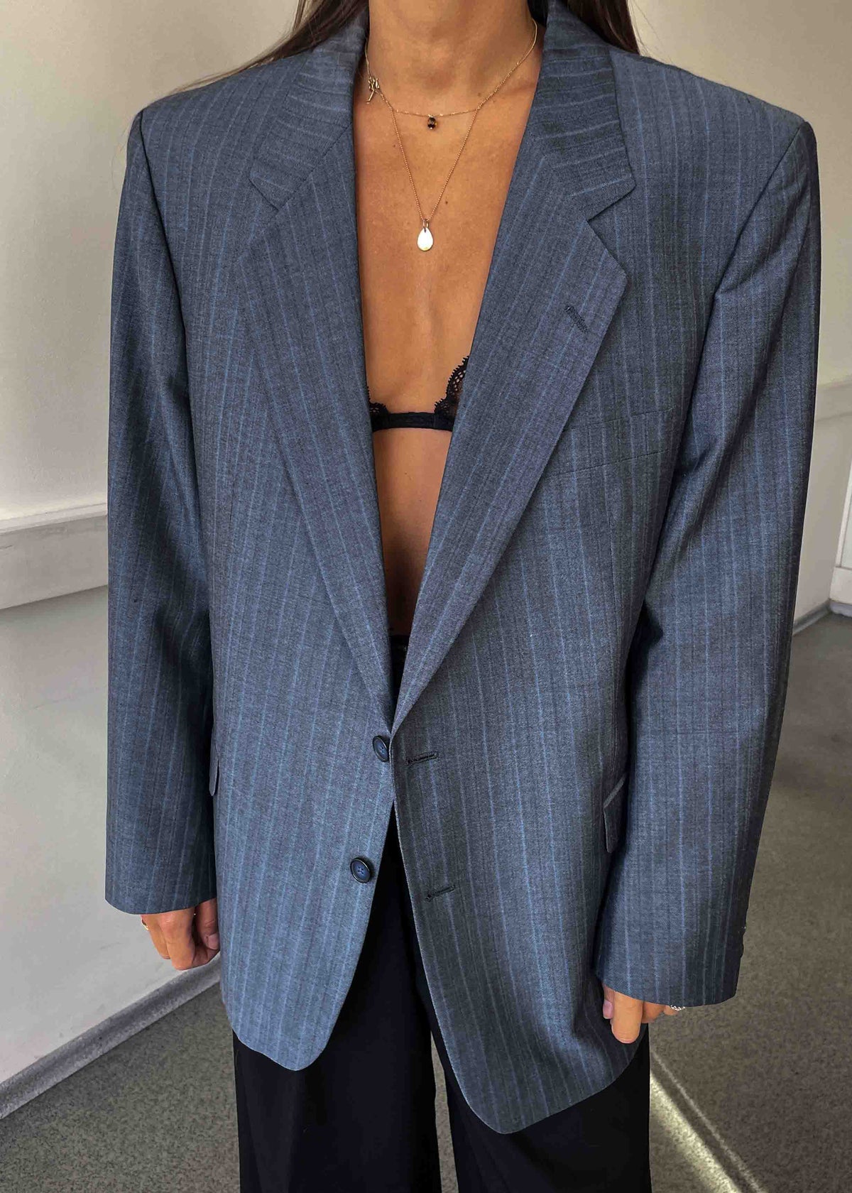 Vintage Blue Striped Oversized Blazer