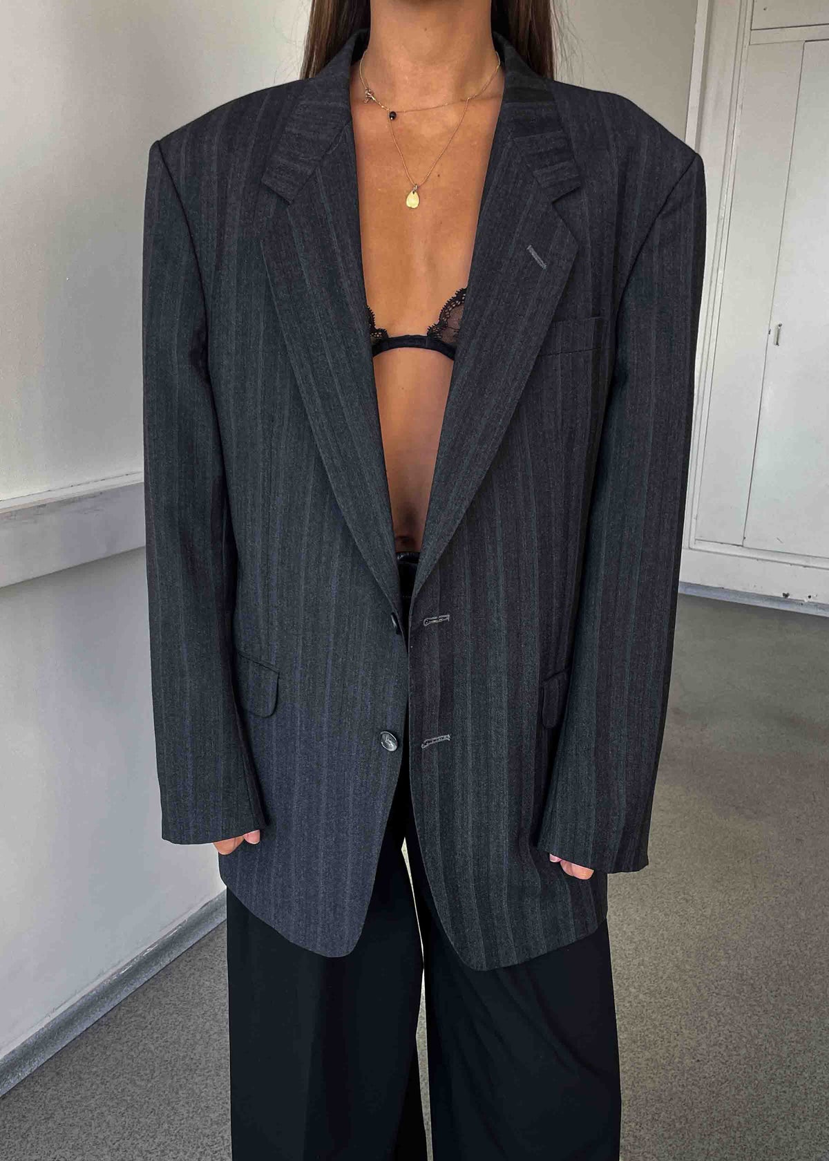 Vintage Grey Striped Oversized Blazer