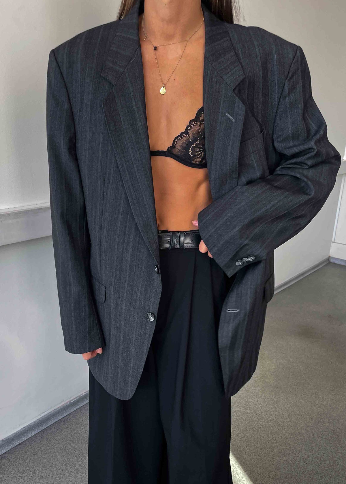 Vintage Grey Striped Oversized Blazer