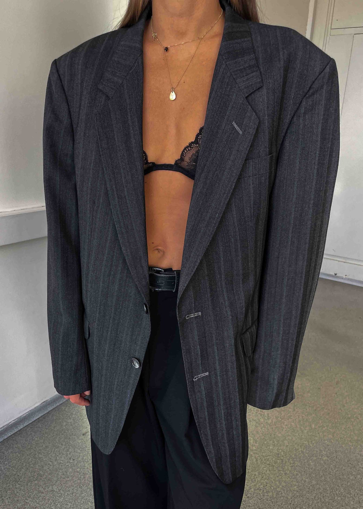 Vintage Grey Striped Oversized Blazer