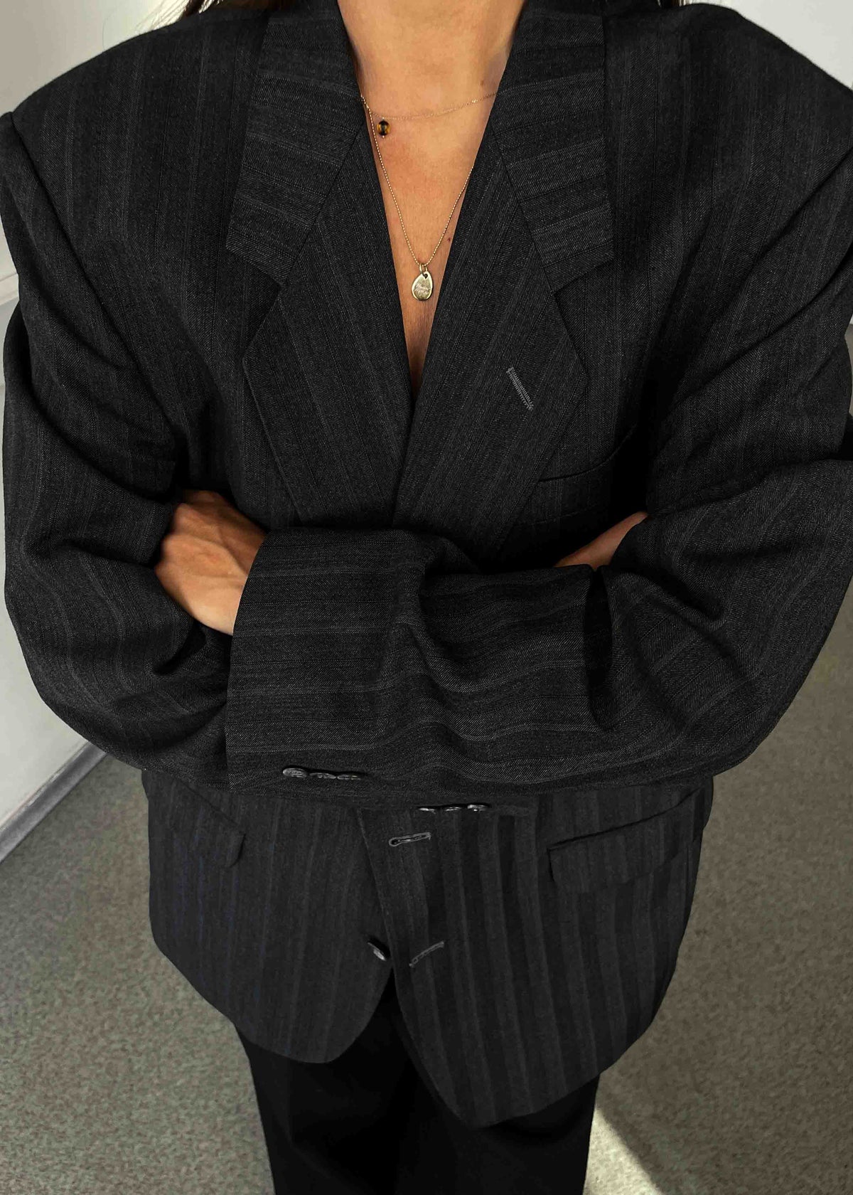 Vintage Grey Striped Oversized Blazer