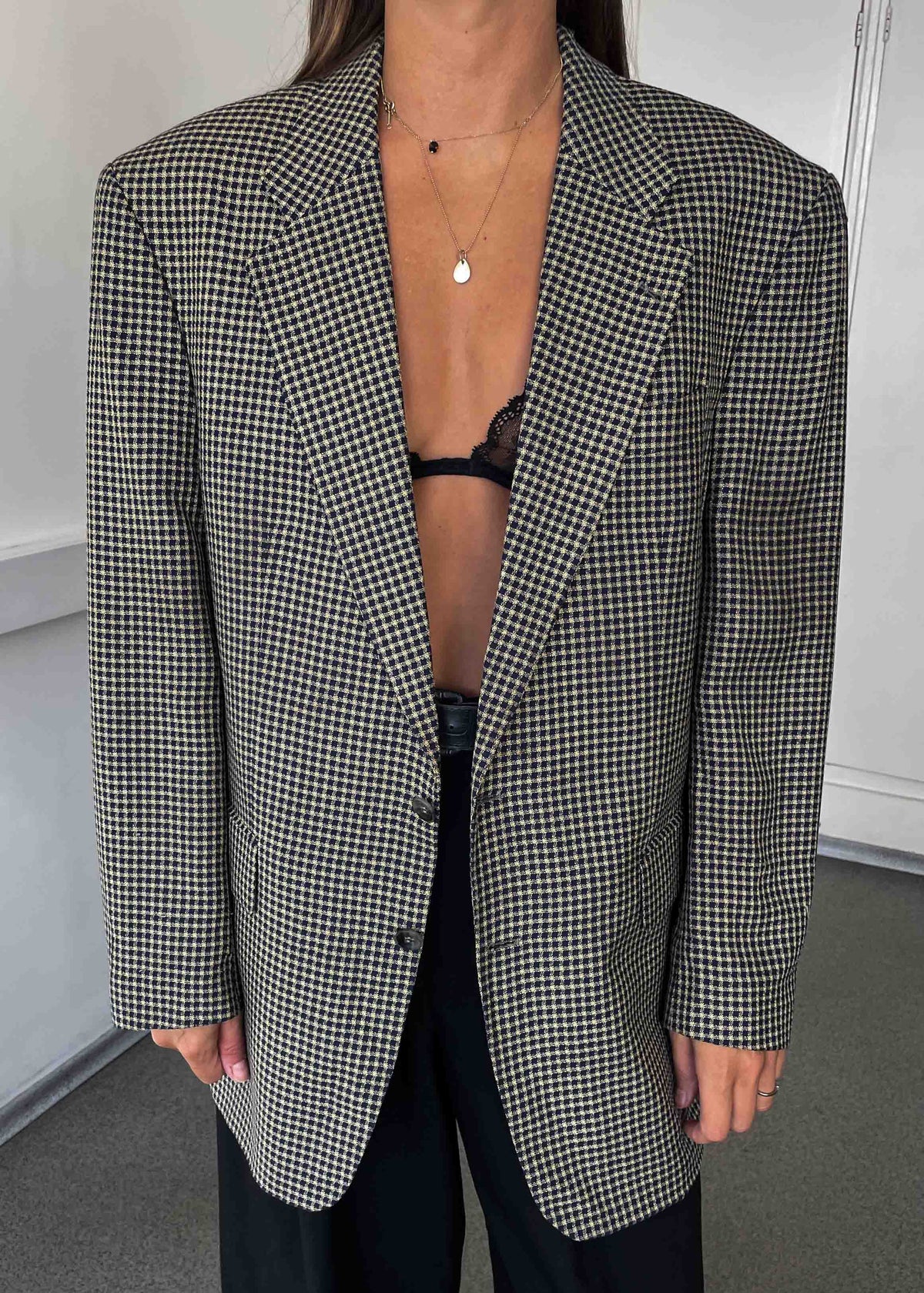 Vintage Beige Checked Oversized Blazer