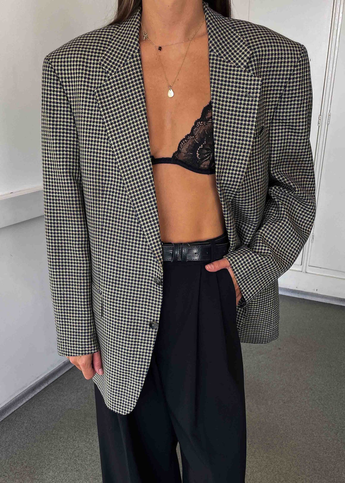 Vintage Beige Checked Oversized Blazer
