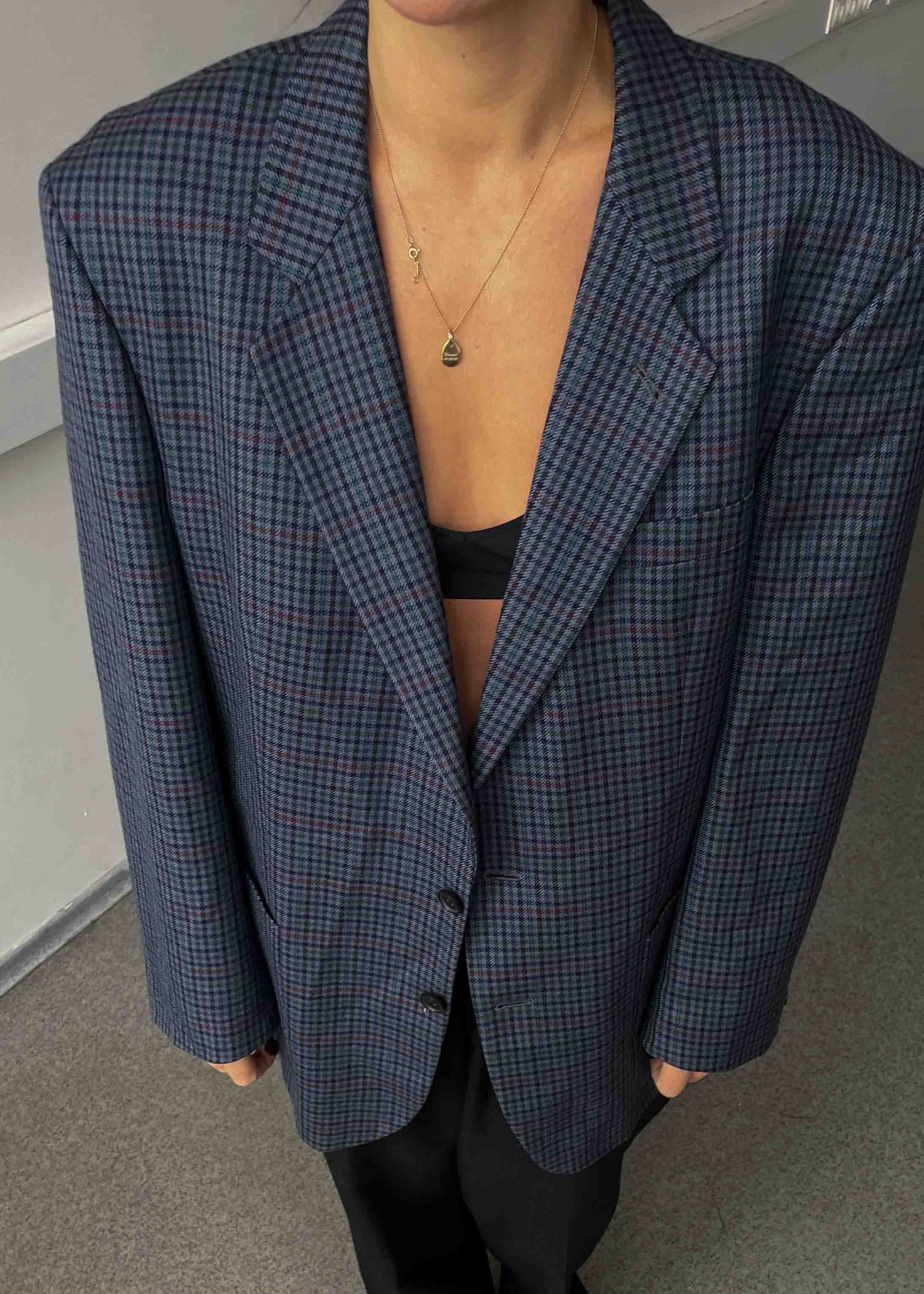 Vintage Blue Checked Oversized 100% WOOL Blazer