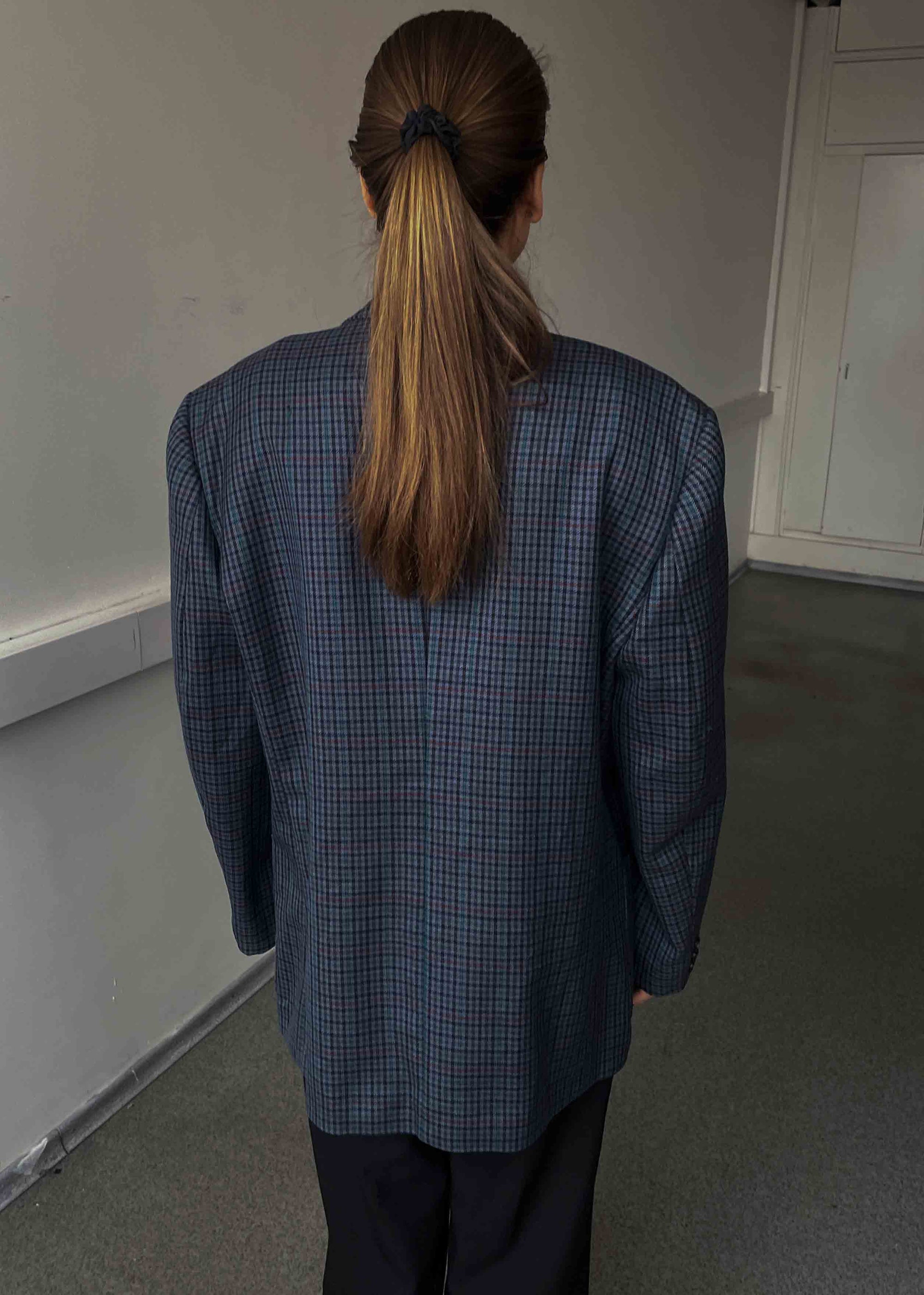 Vintage Blue Checked Oversized 100% WOOL Blazer