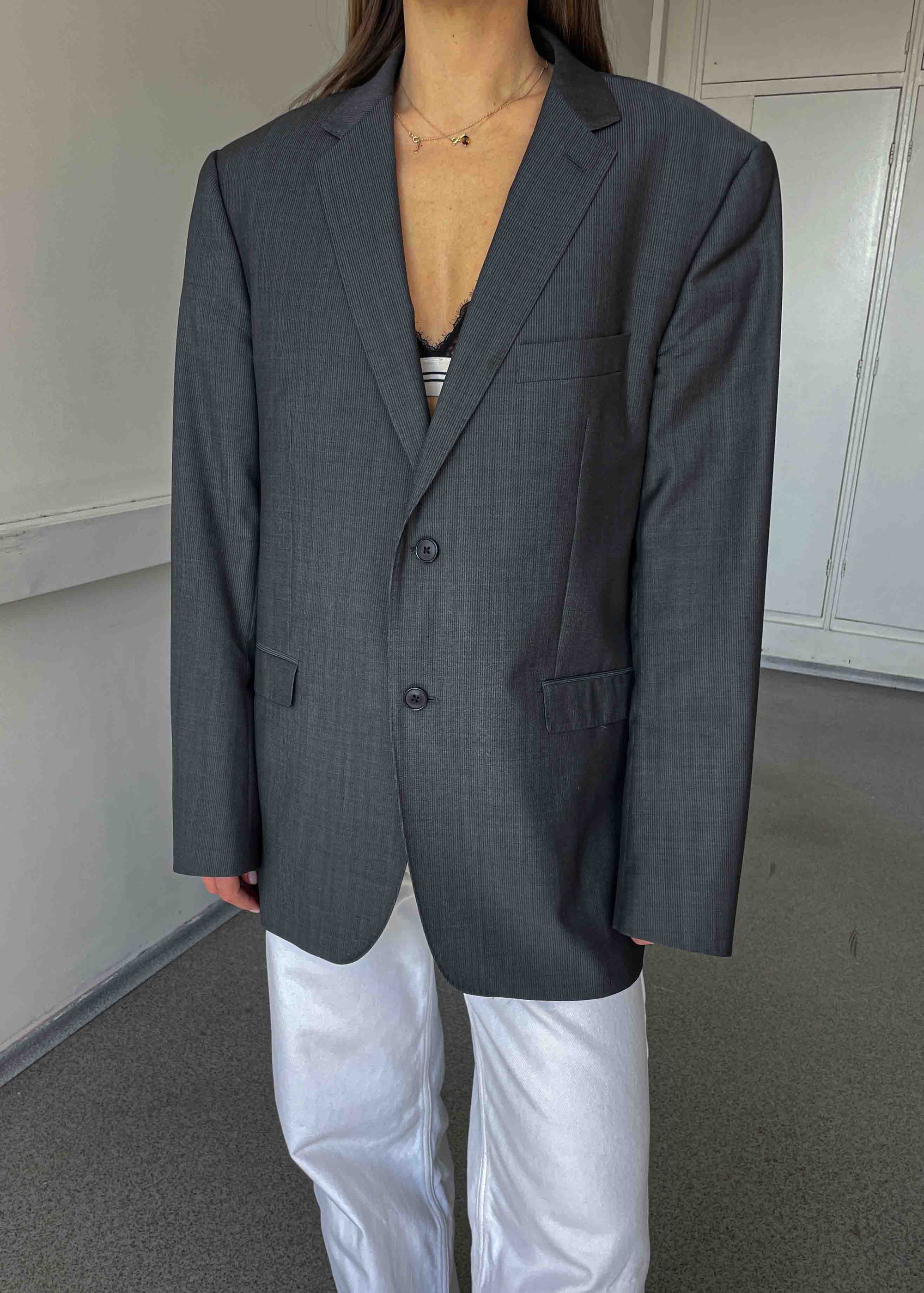 Vintage Grey Stripe Patterned Oversized Blazer
