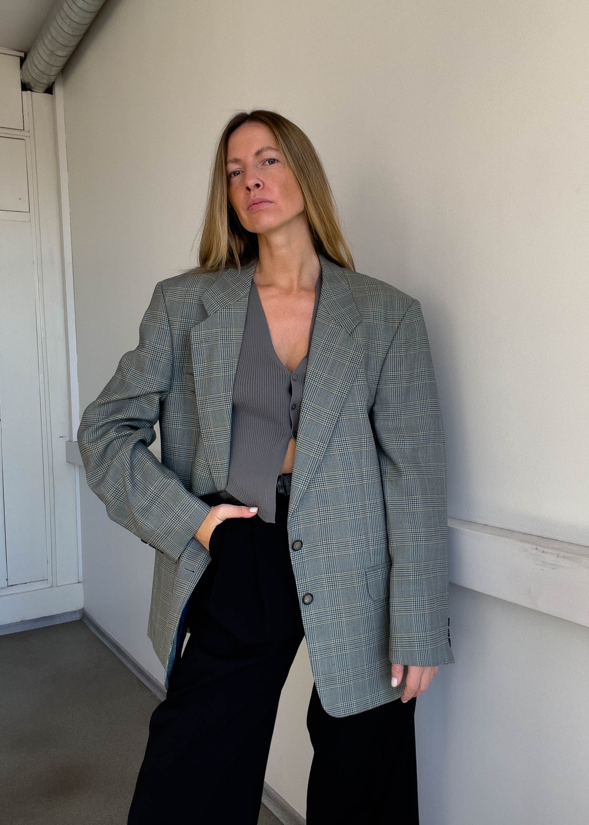 Vintage Checked Oversized Blazer in Blue Tones