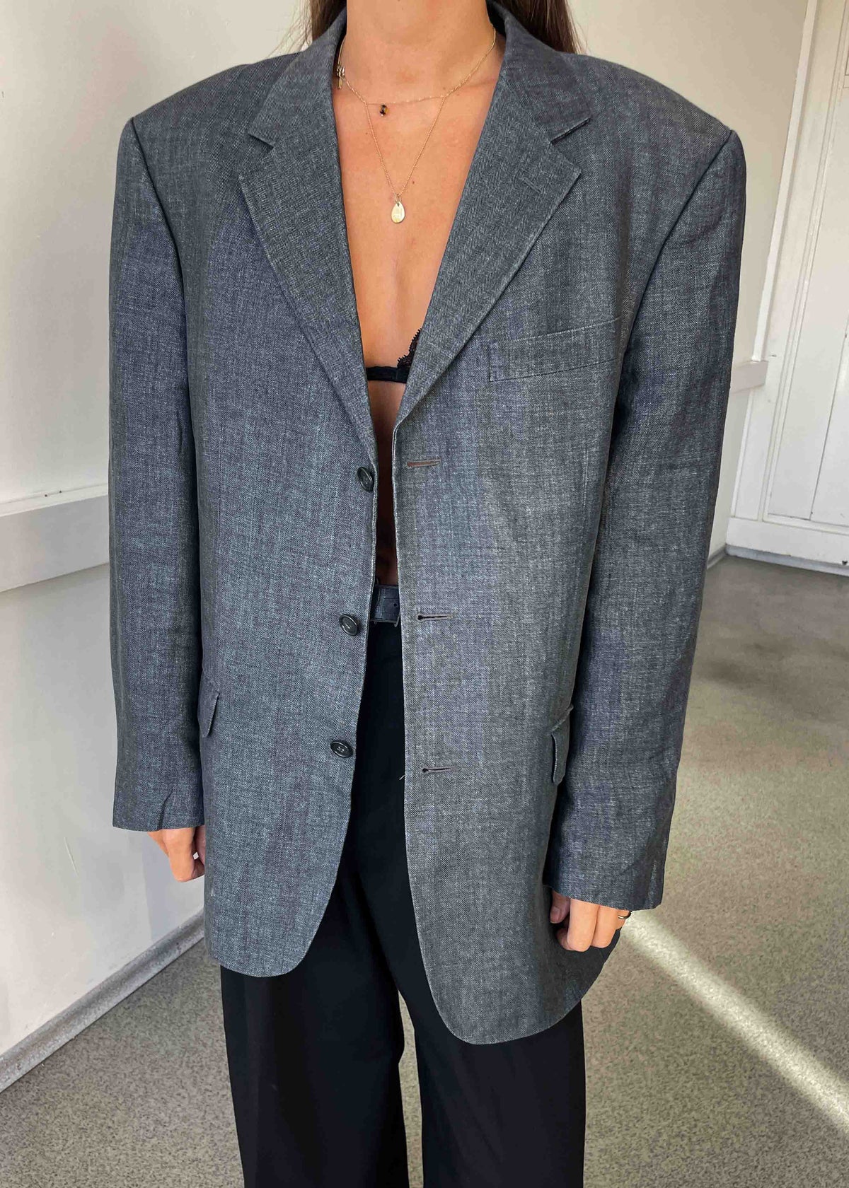 Vintage Grey Herringbone Print 100% LINEN Oversized Blazer