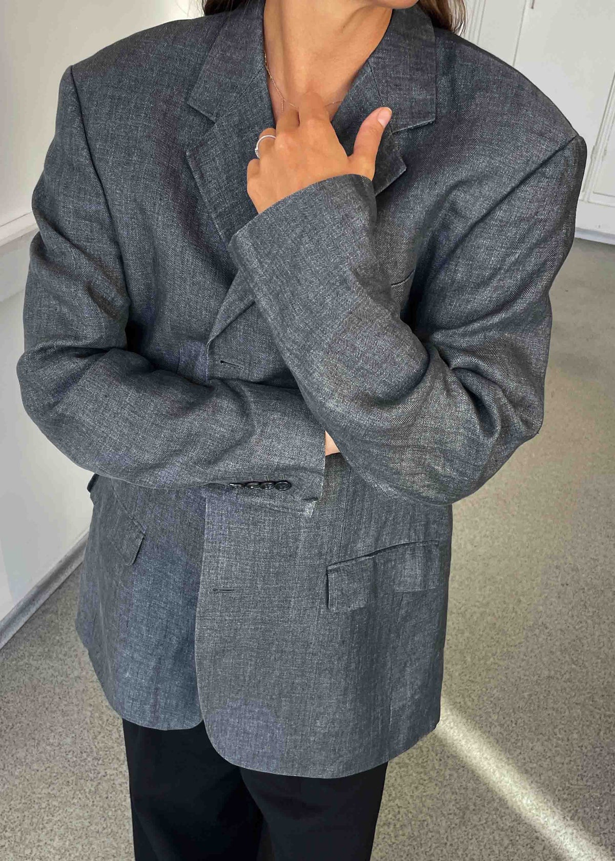 Vintage Grey Herringbone Print 100% LINEN Oversized Blazer
