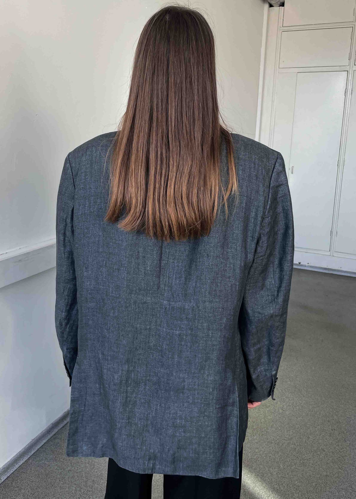 Vintage Grey Herringbone Print 100% LINEN Oversized Blazer