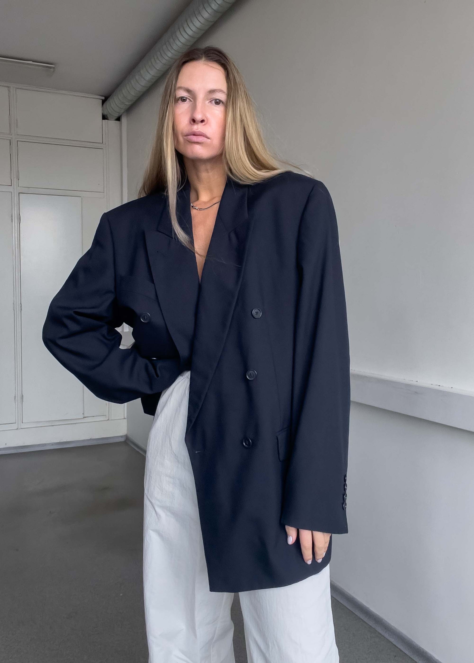 Vintage Navy Blue Oversized Double Breasted Blazer