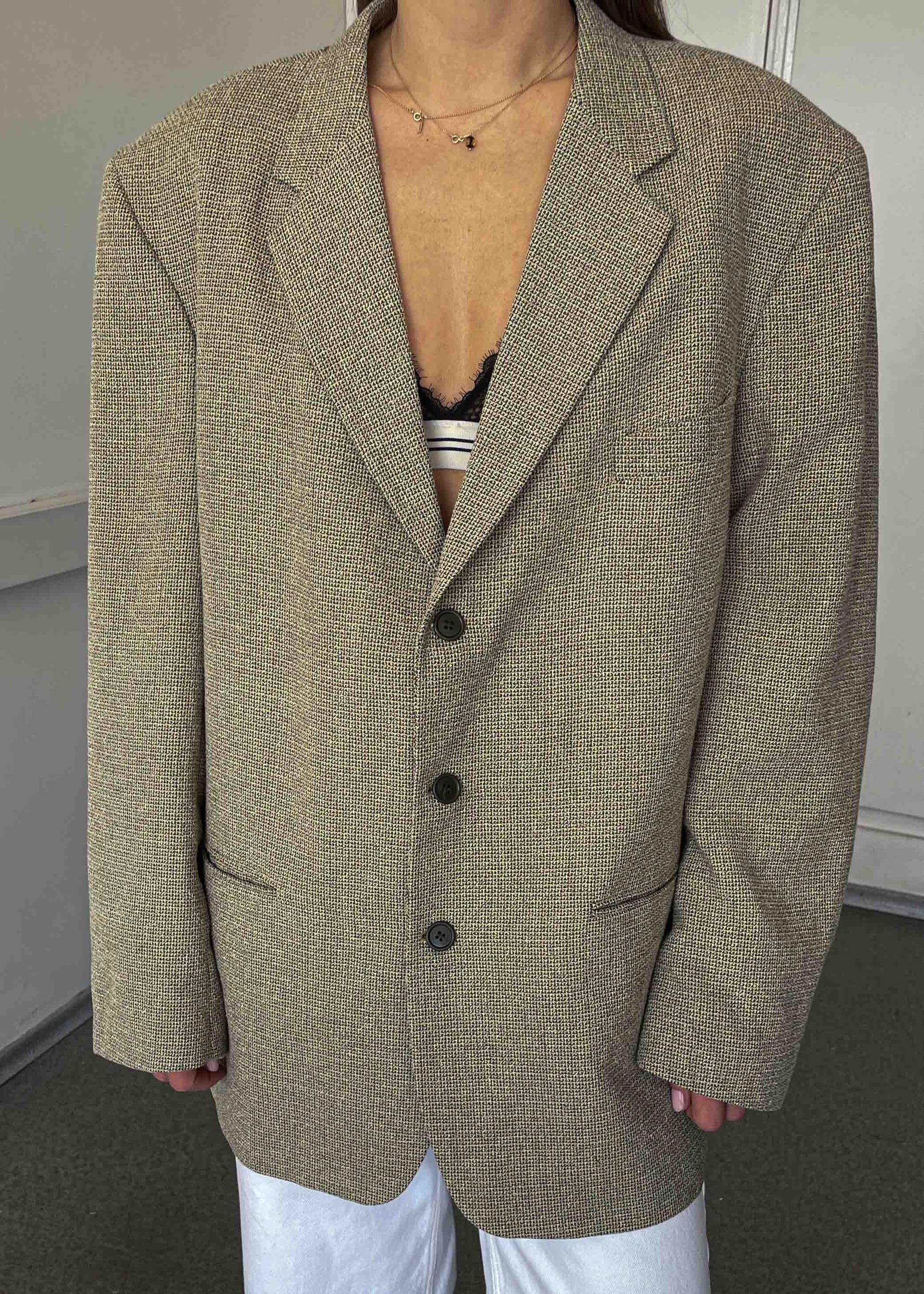 Vintage Cream & Black Patterned Oversized Blazer