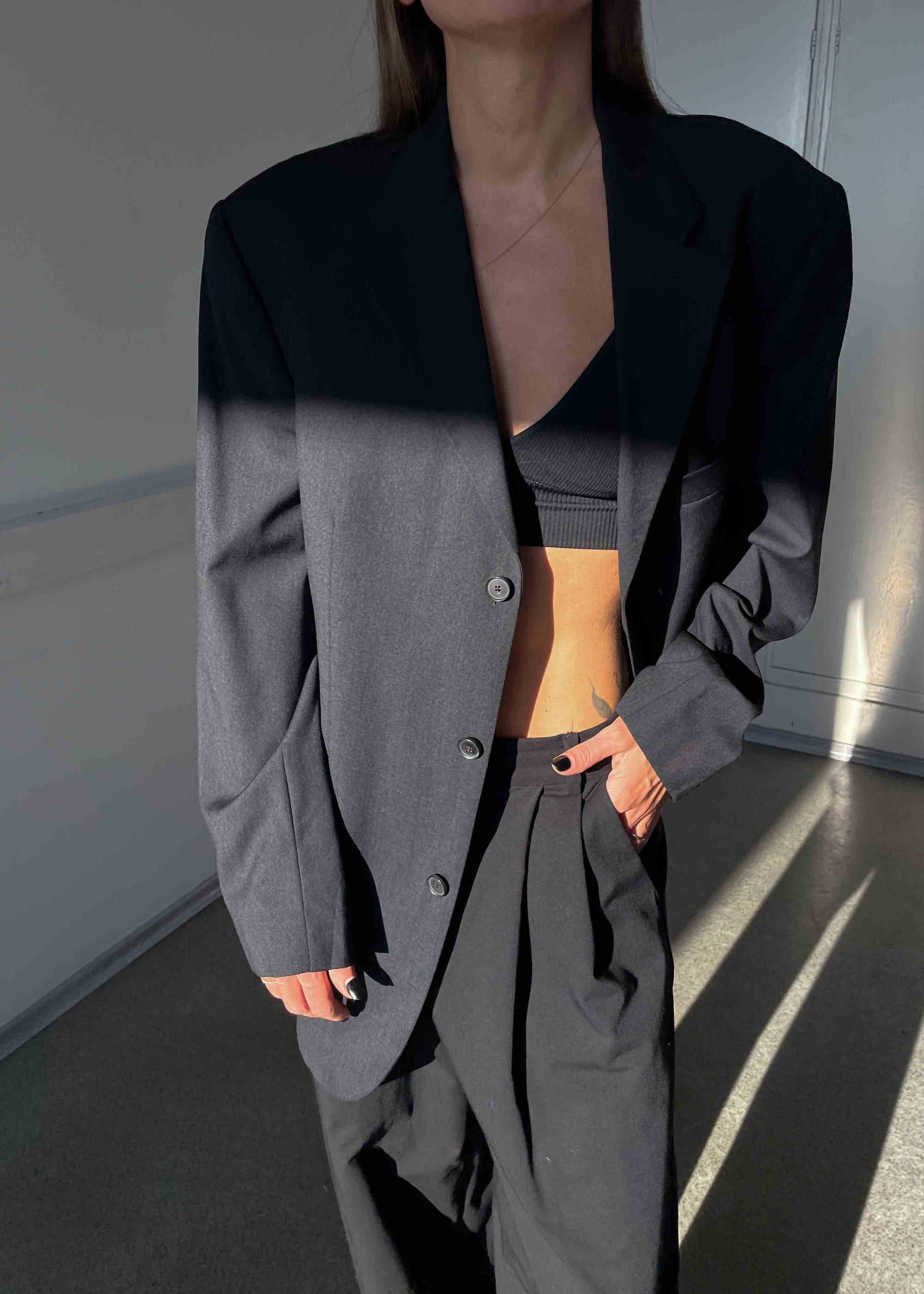 Vintage Dark Grey Patterned Oversized 100% WOOL  Blazer