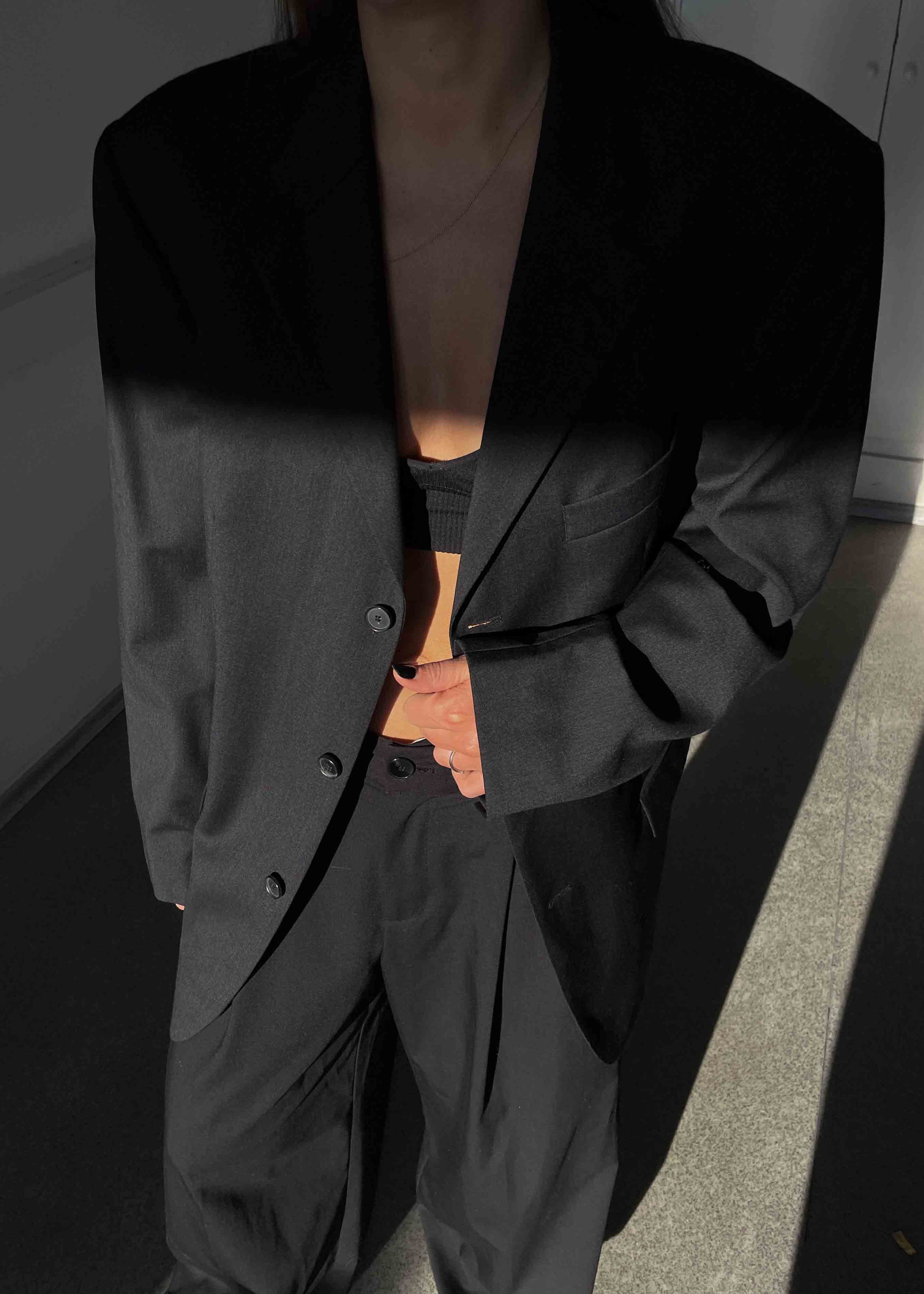 Vintage Dark Grey Patterned Oversized 100% WOOL  Blazer