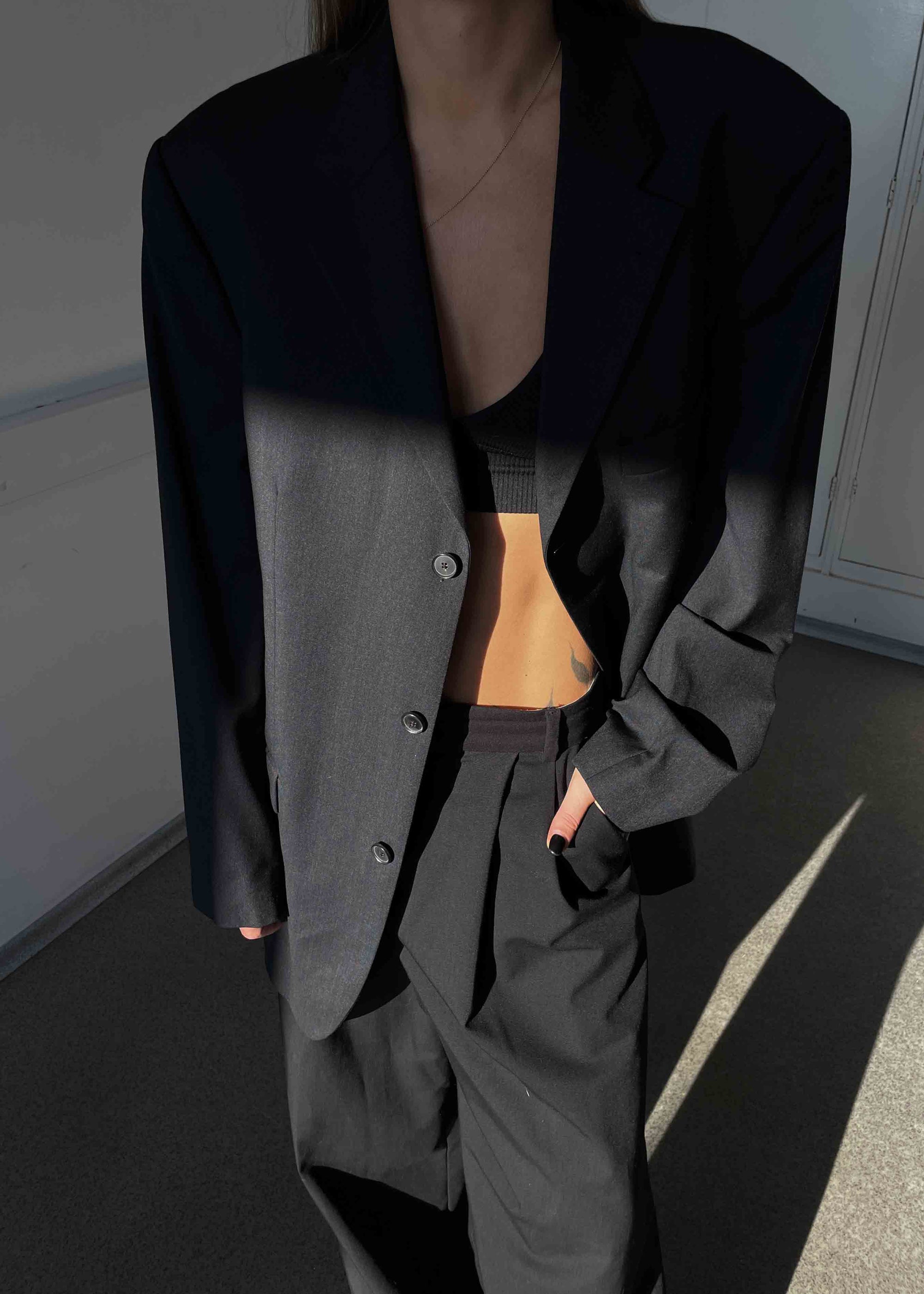 Vintage Dark Grey Patterned Oversized 100% WOOL  Blazer