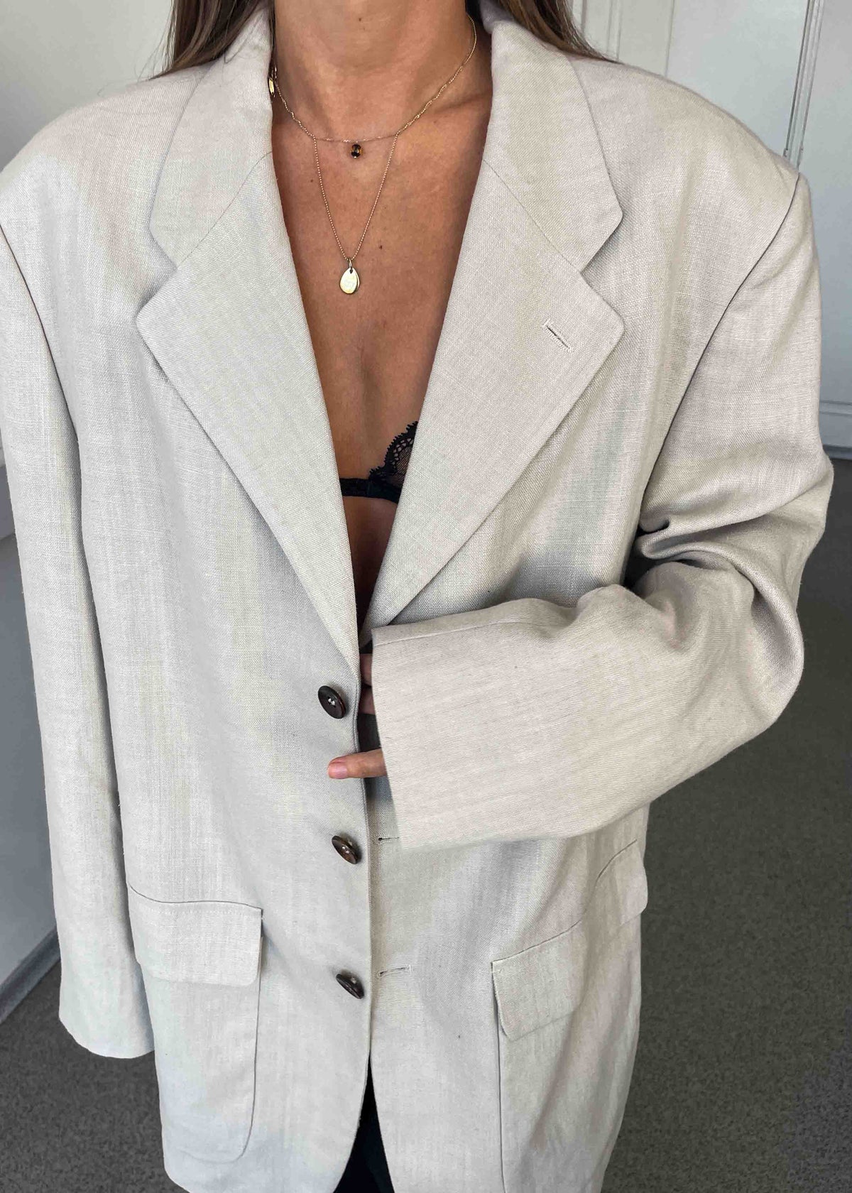 Vintage Light Grey Oversized Linen Blazer