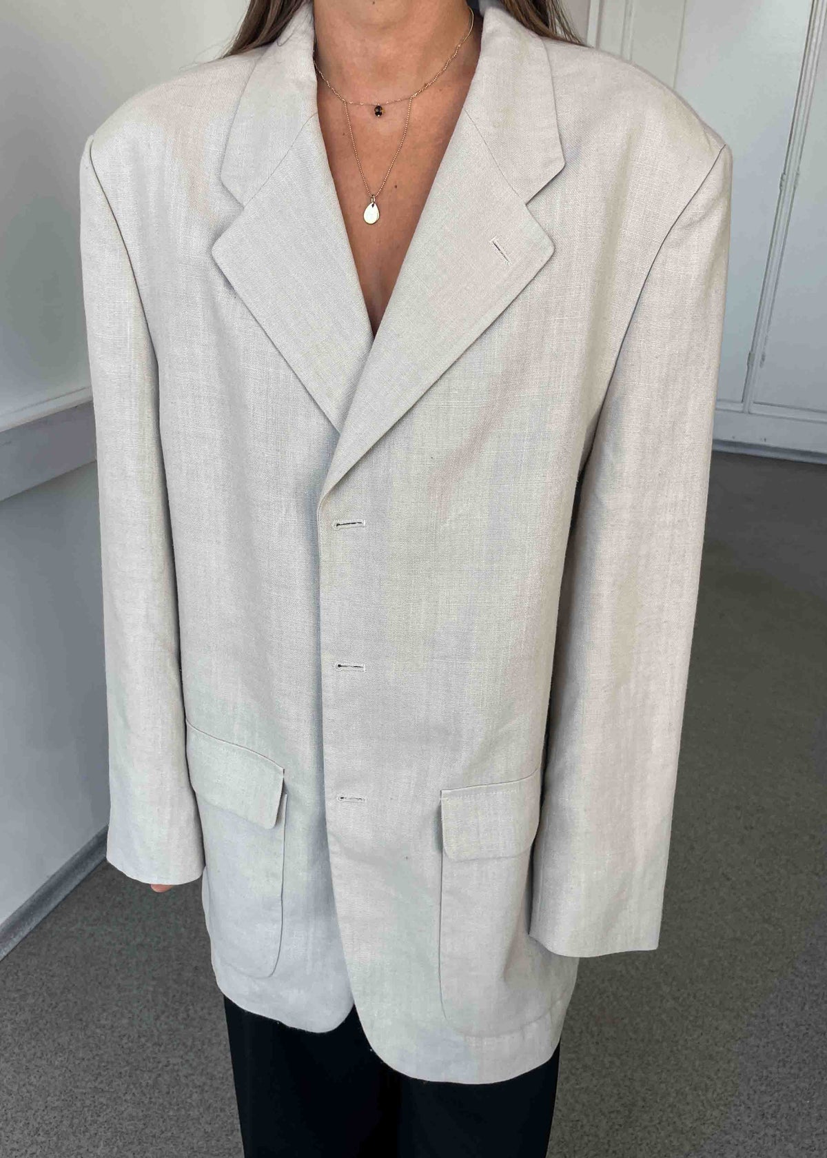 Vintage Light Grey Oversized Linen Blazer