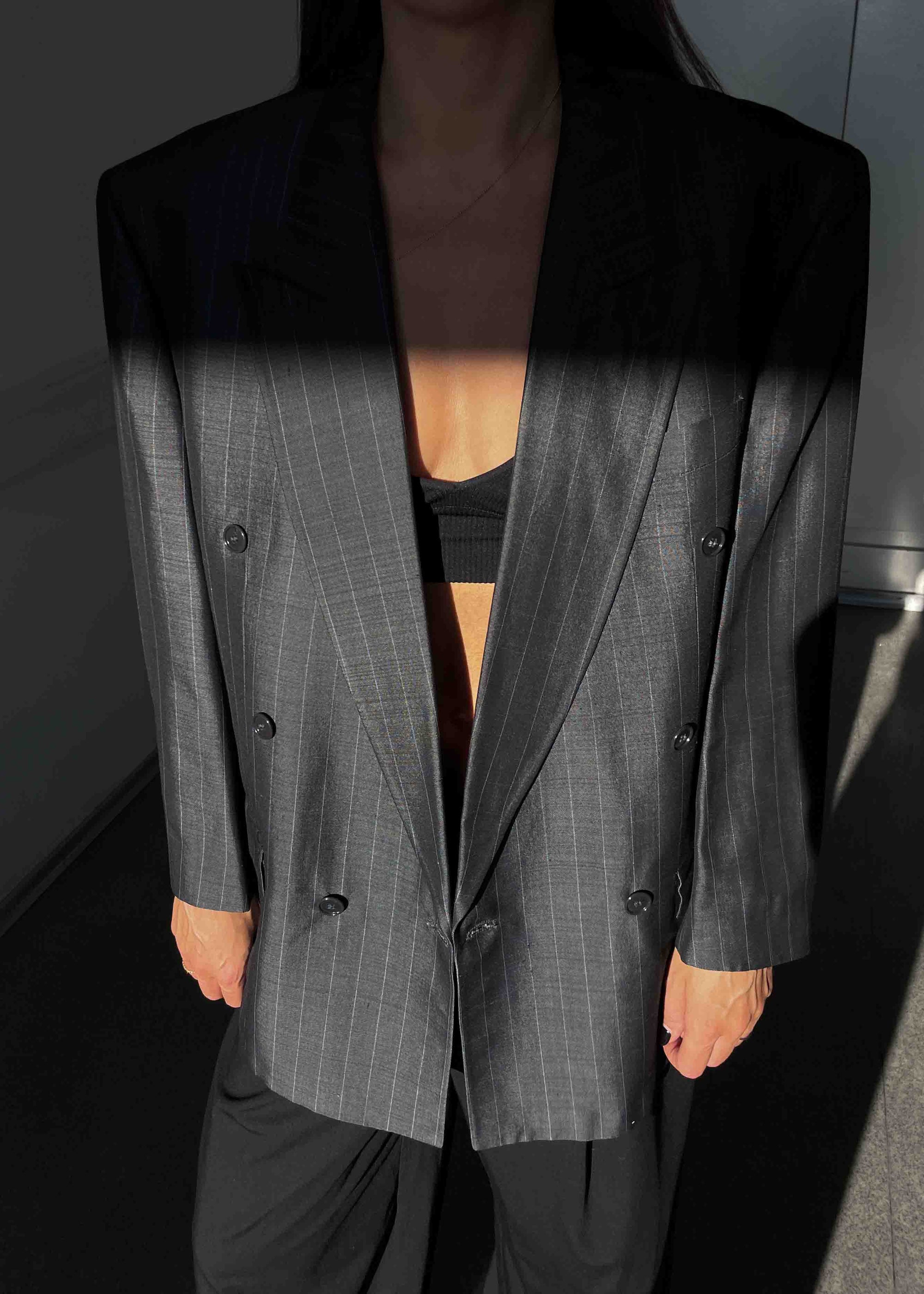 Vintage Grey Striped Oversized Glossy Double Breasted Blazer