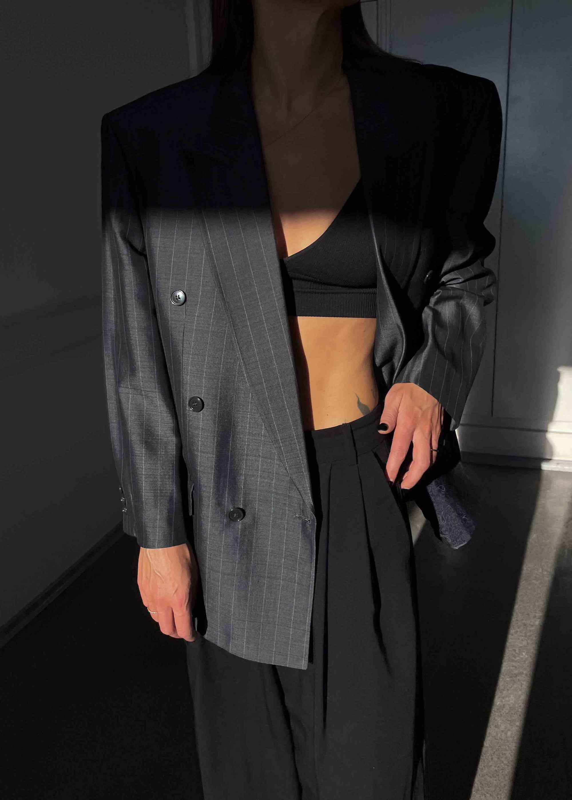 Vintage Grey Striped Oversized Glossy Double Breasted Blazer