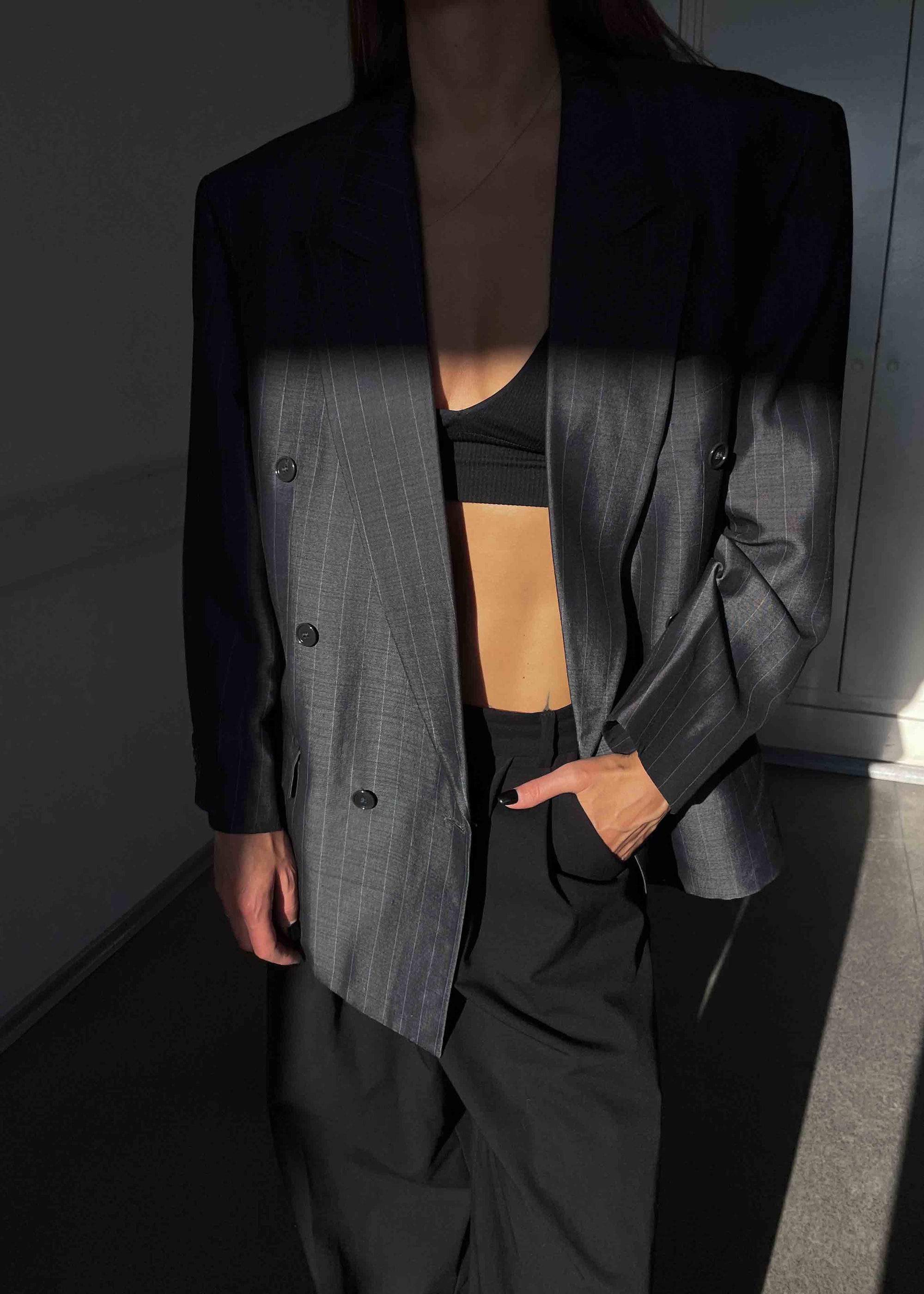 Vintage Grey Striped Oversized Glossy Double Breasted Blazer