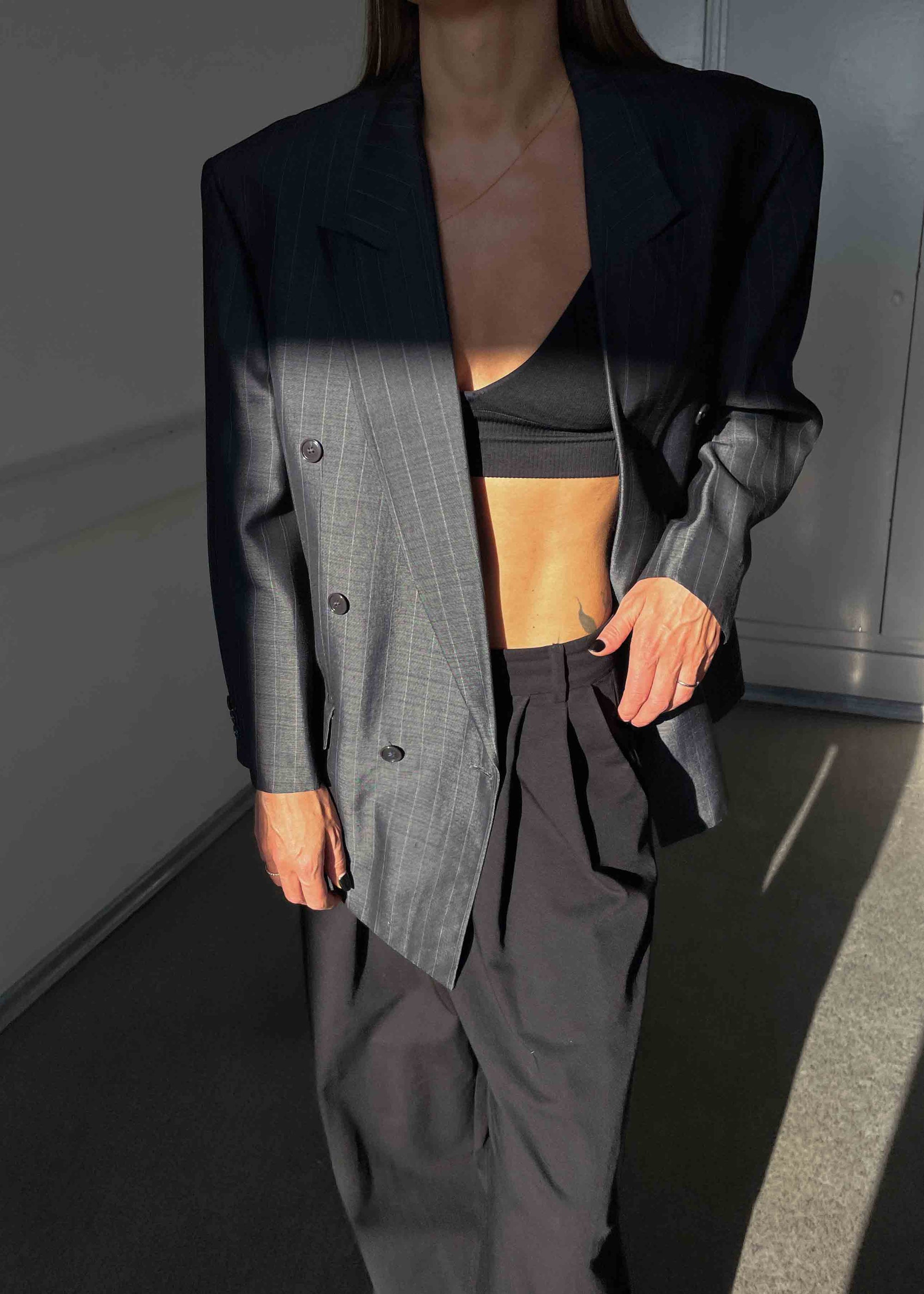 Vintage Grey Striped Oversized Glossy Double Breasted Blazer
