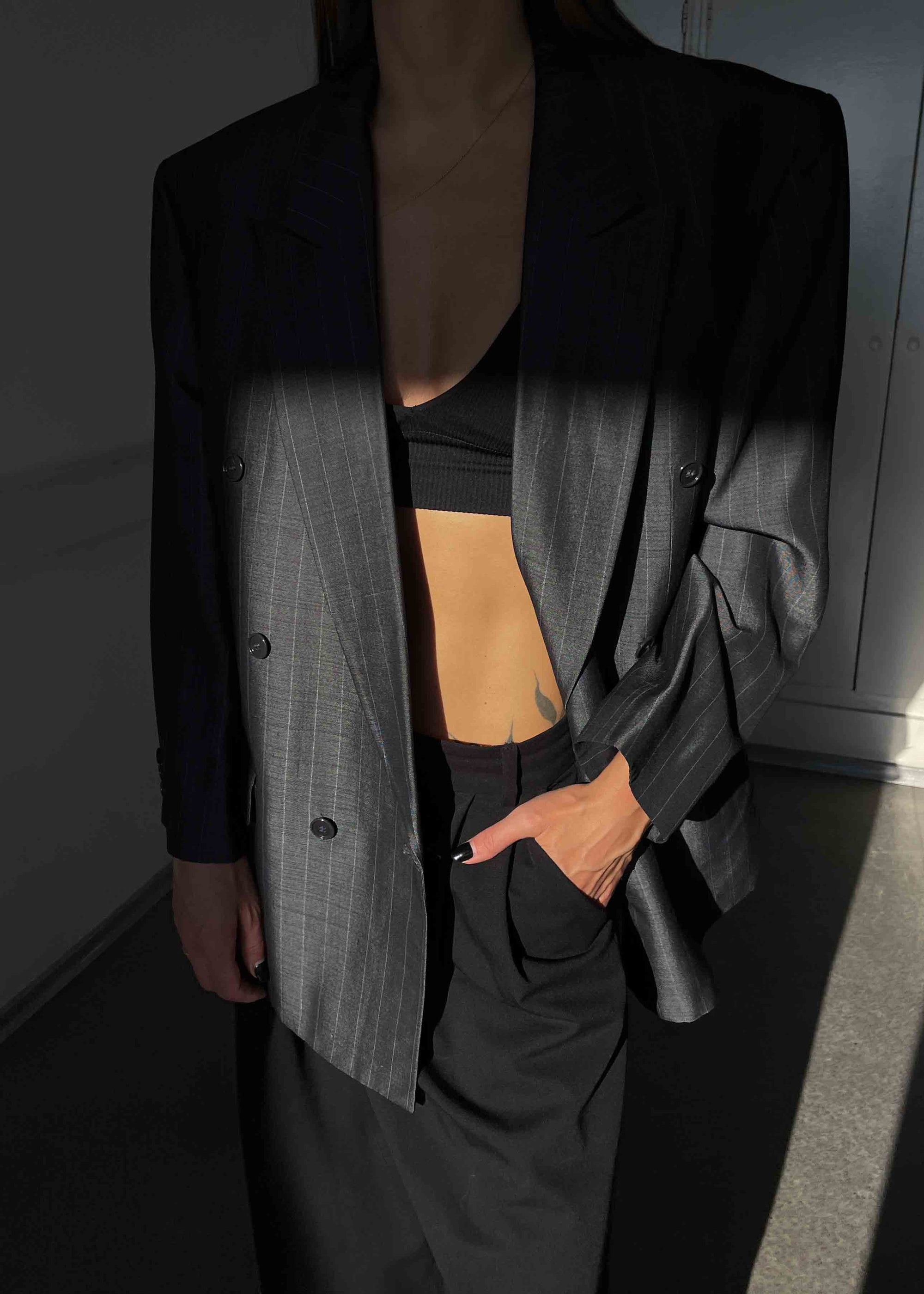 Vintage Grey Striped Oversized Glossy Double Breasted Blazer