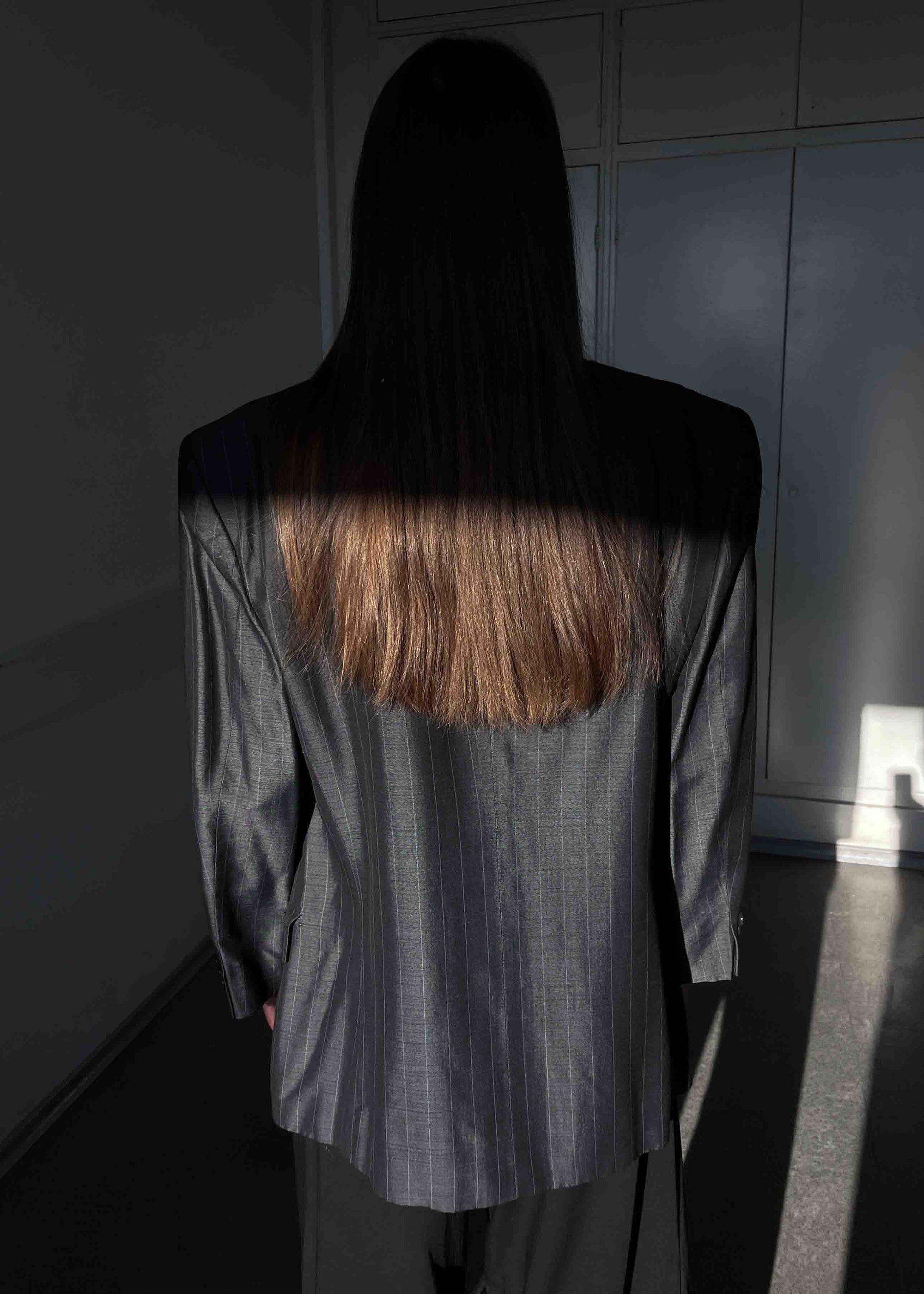 Vintage Grey Striped Oversized Glossy Double Breasted Blazer