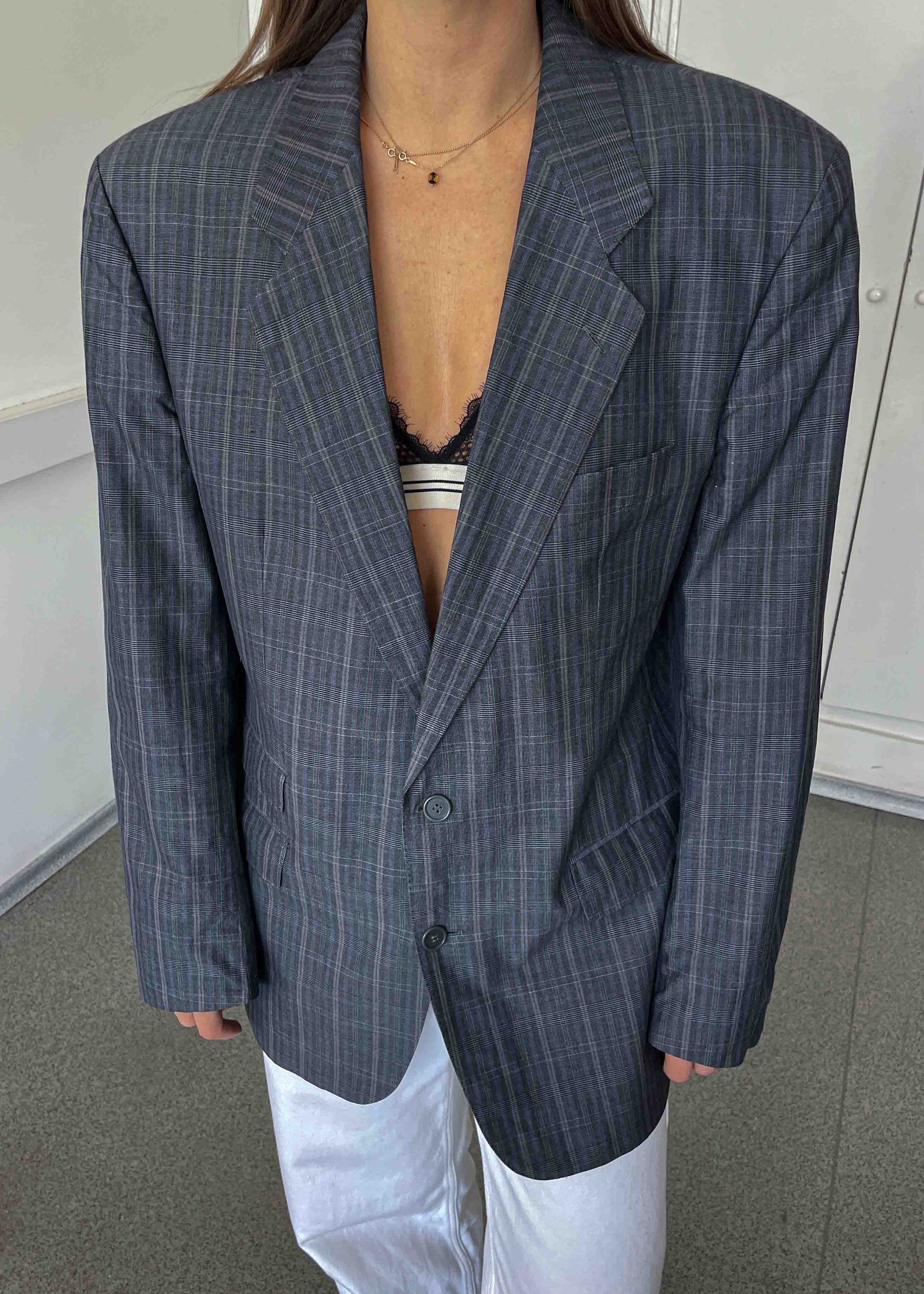 Vintage Grey  Checked Oversized Cotton Blazer