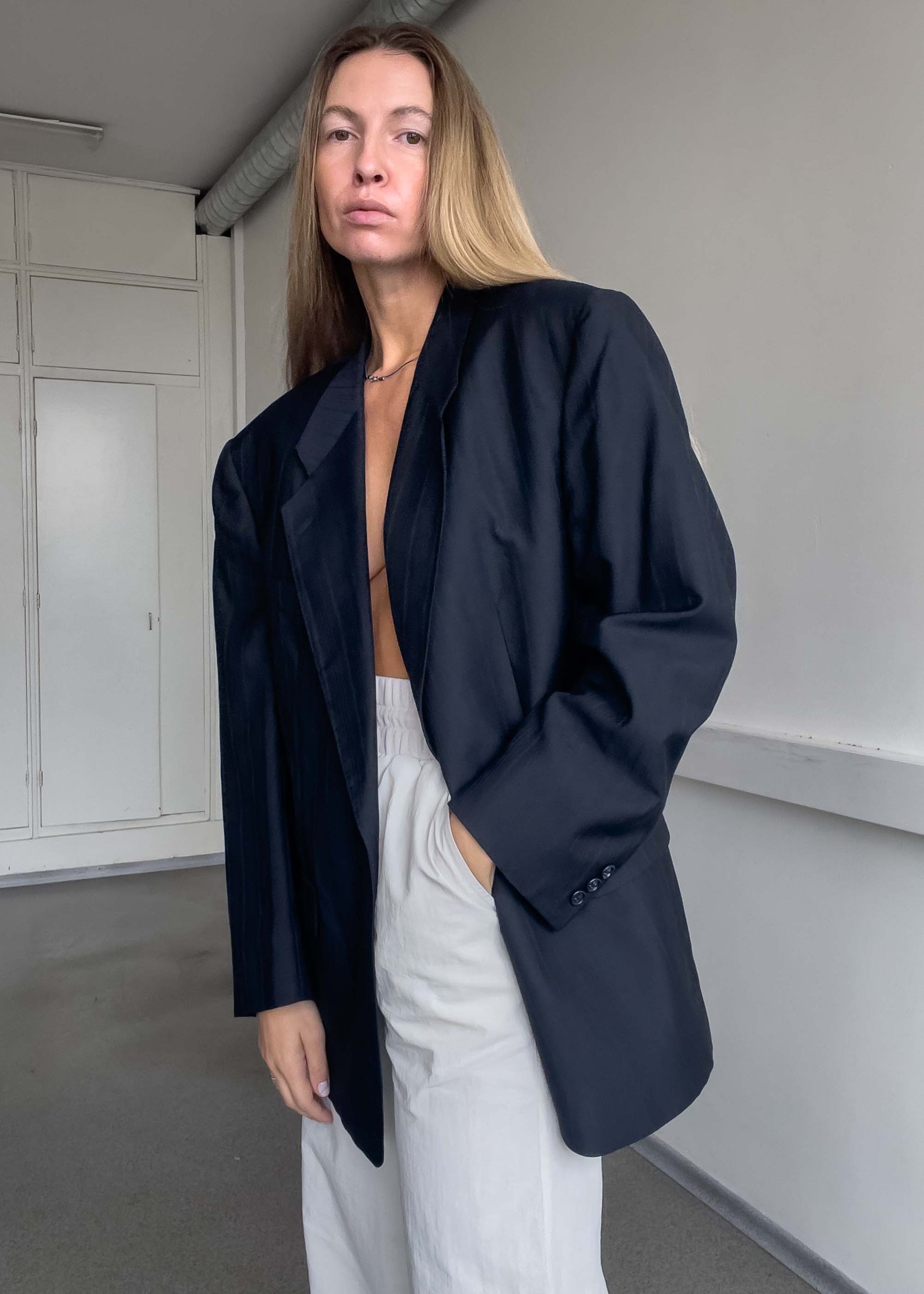 Vintage Navy Blue Stripy Oversized Blazer