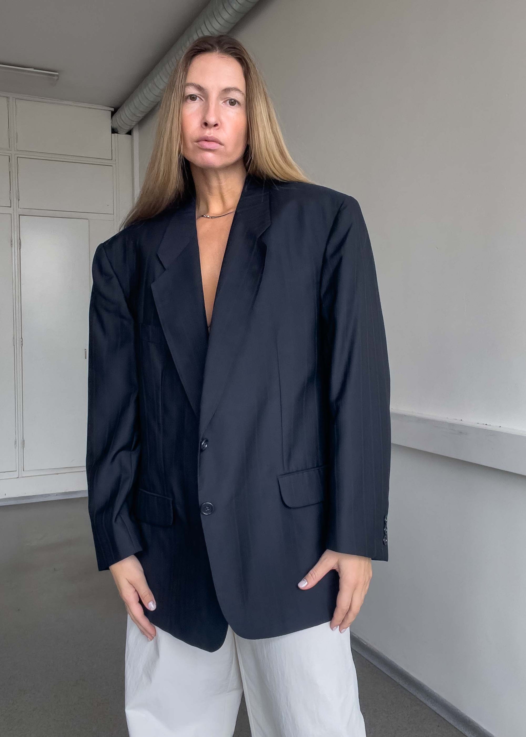 Vintage Navy Blue Stripy Oversized Blazer