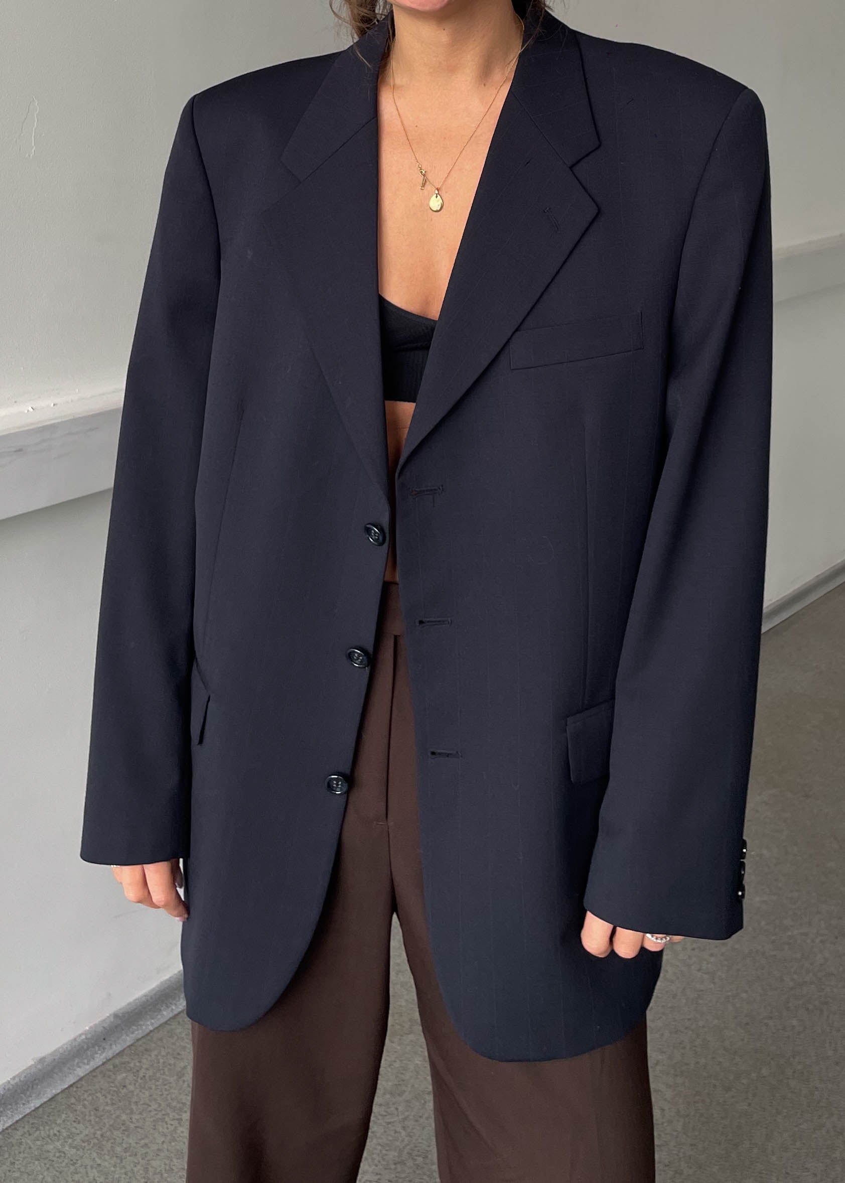 Vintage Navy Blue Stripe Patterned 100% WOOL Oversized Blazer