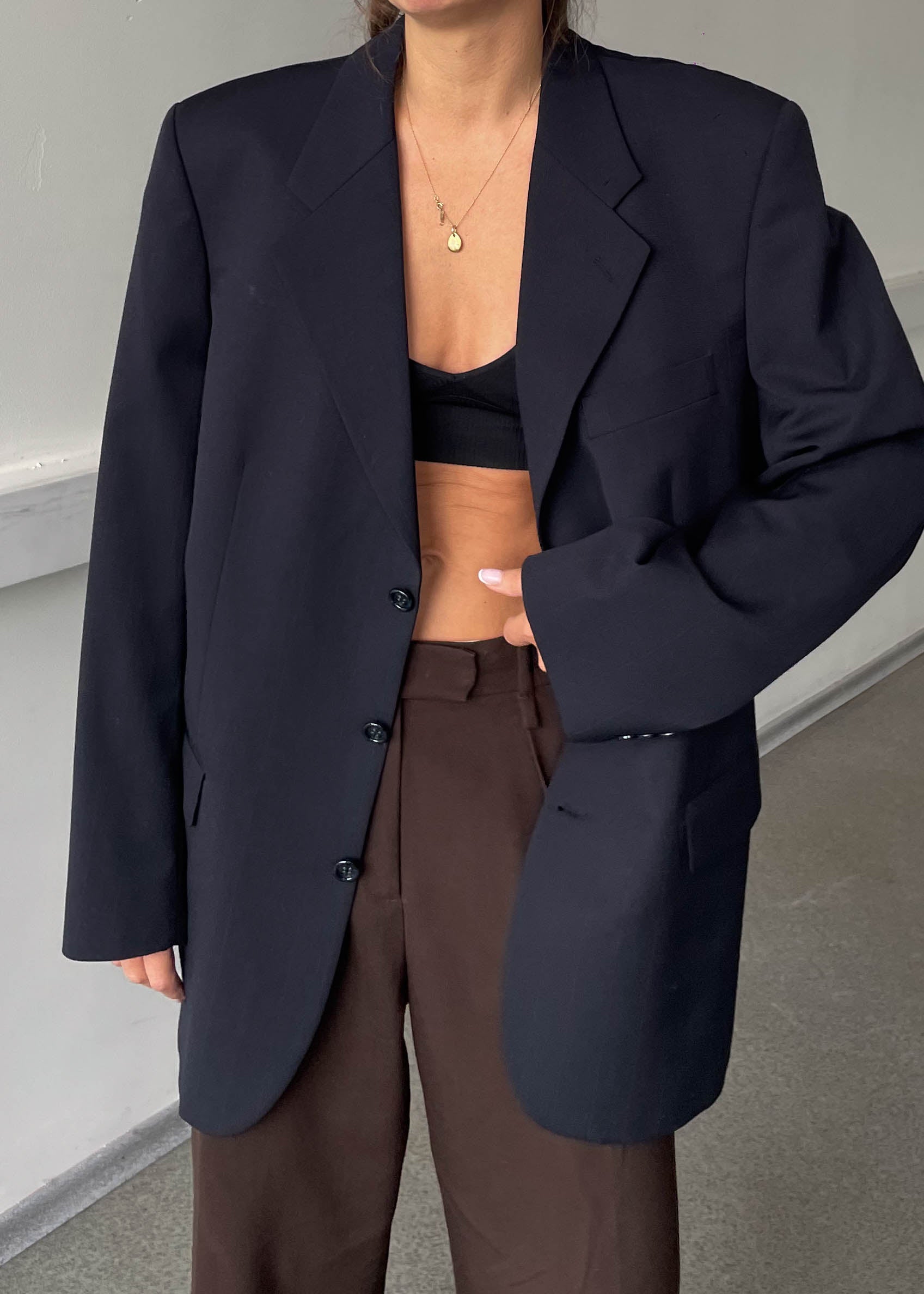 Vintage Navy Blue Stripe Patterned 100% WOOL Oversized Blazer