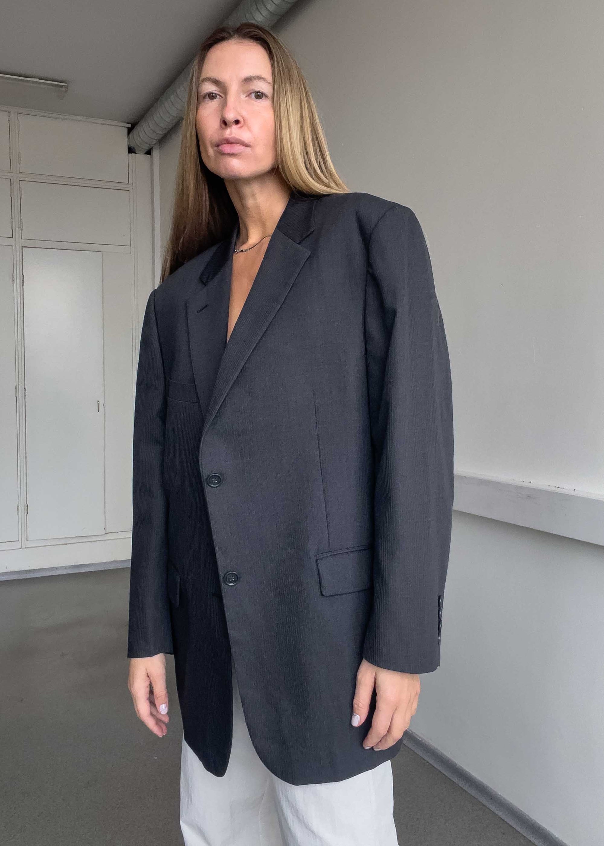 Vintage Grey Stripy Oversized Blazer