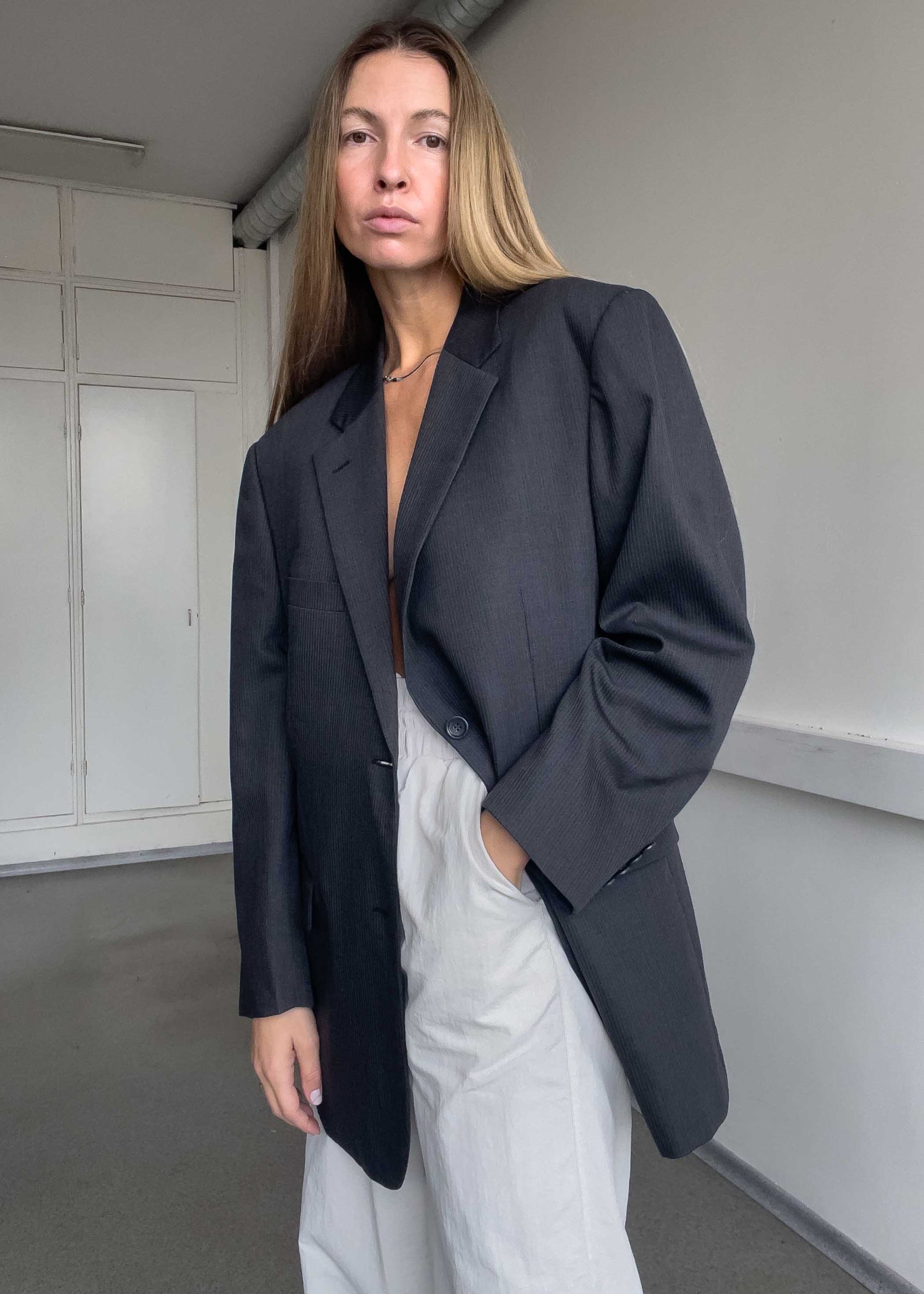 Vintage Grey Stripy Oversized Blazer