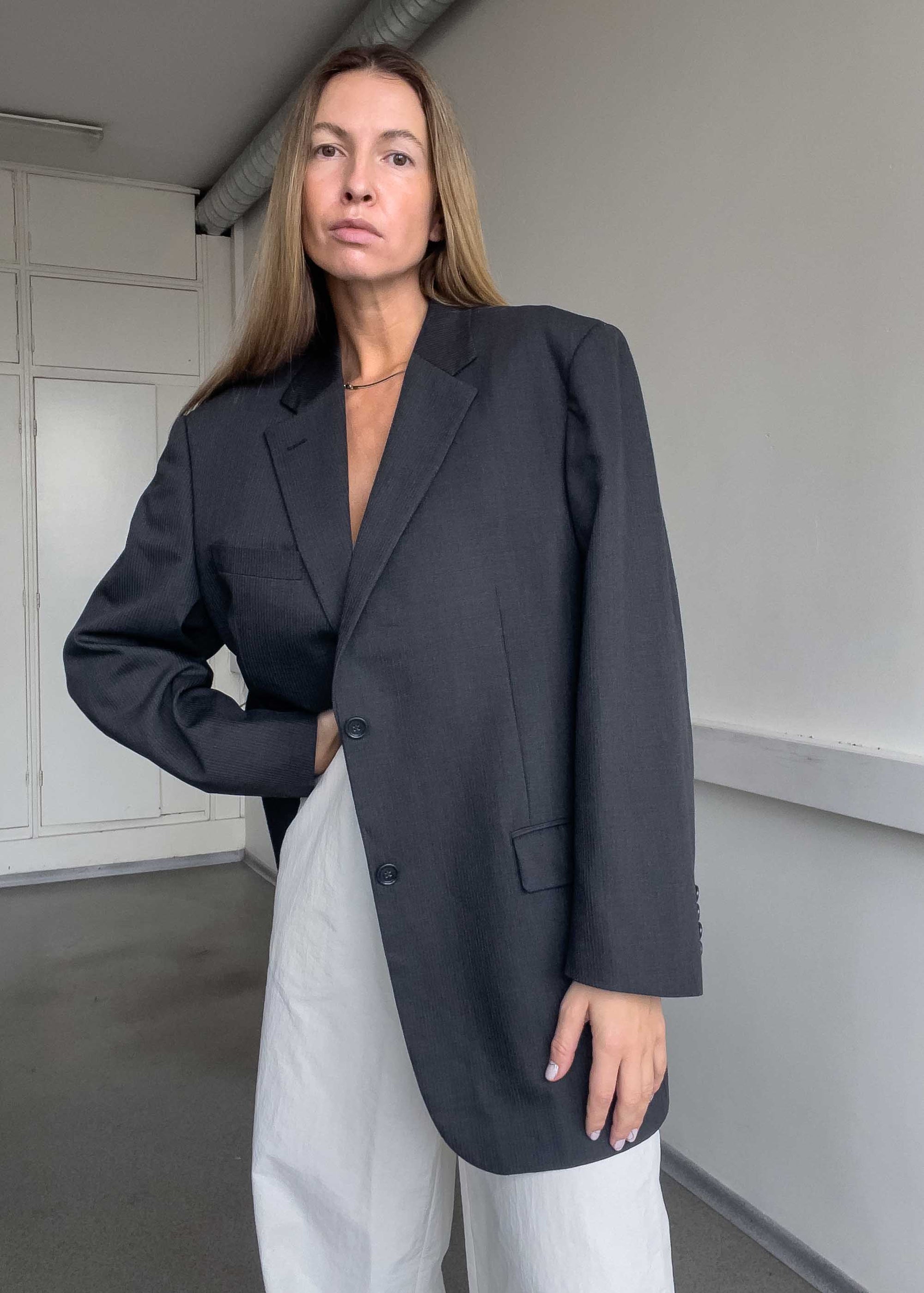 Vintage Grey Stripy Oversized Blazer
