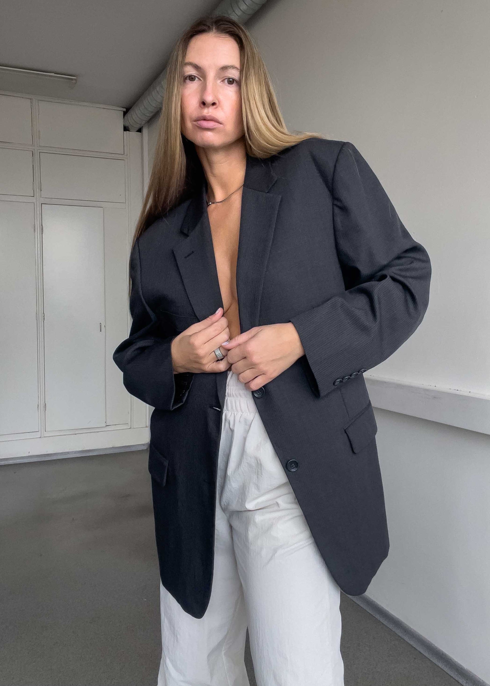 Vintage Grey Stripy Oversized Blazer