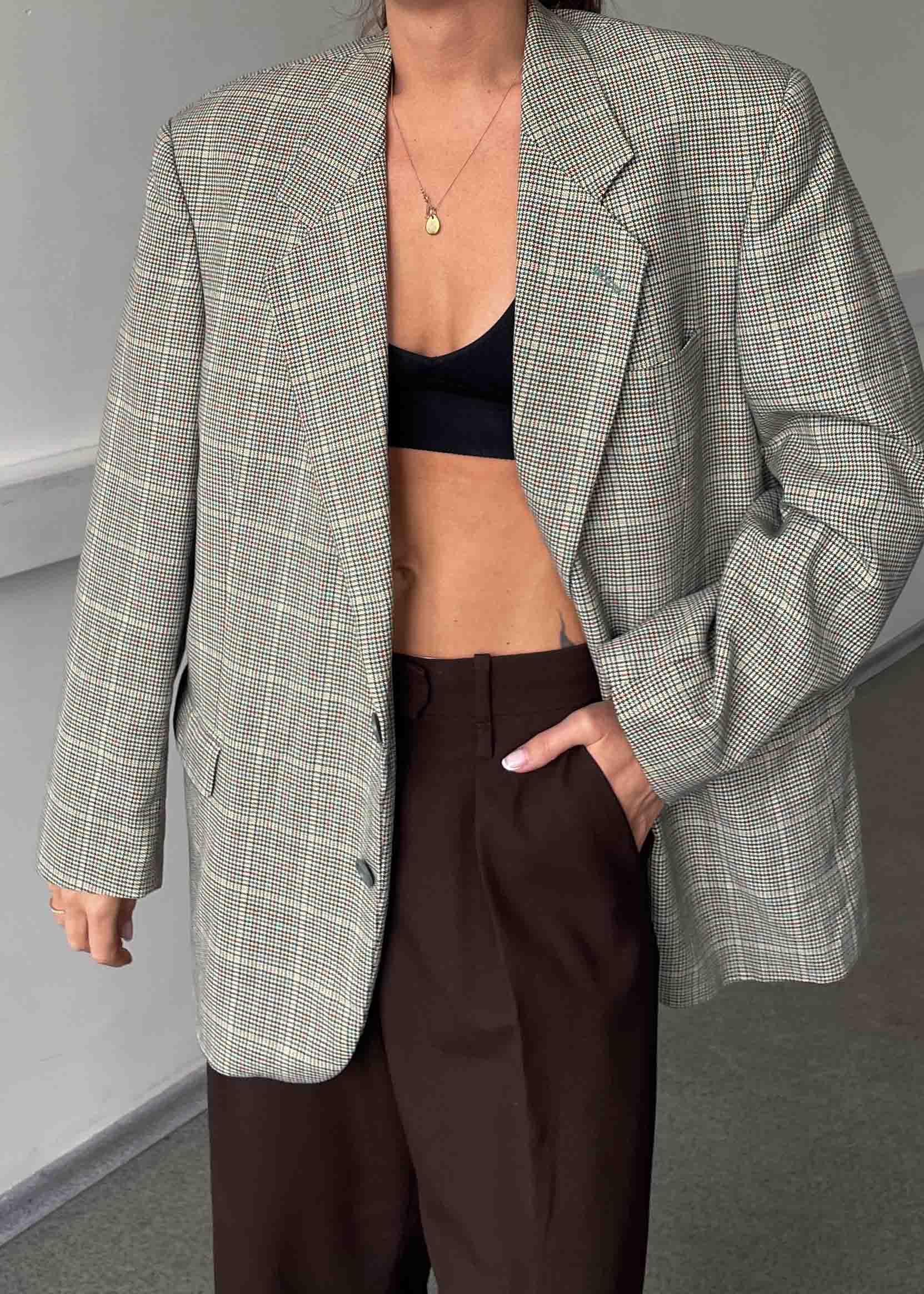 Vintage Multicoloured Dogtooth Print Oversized Blazer