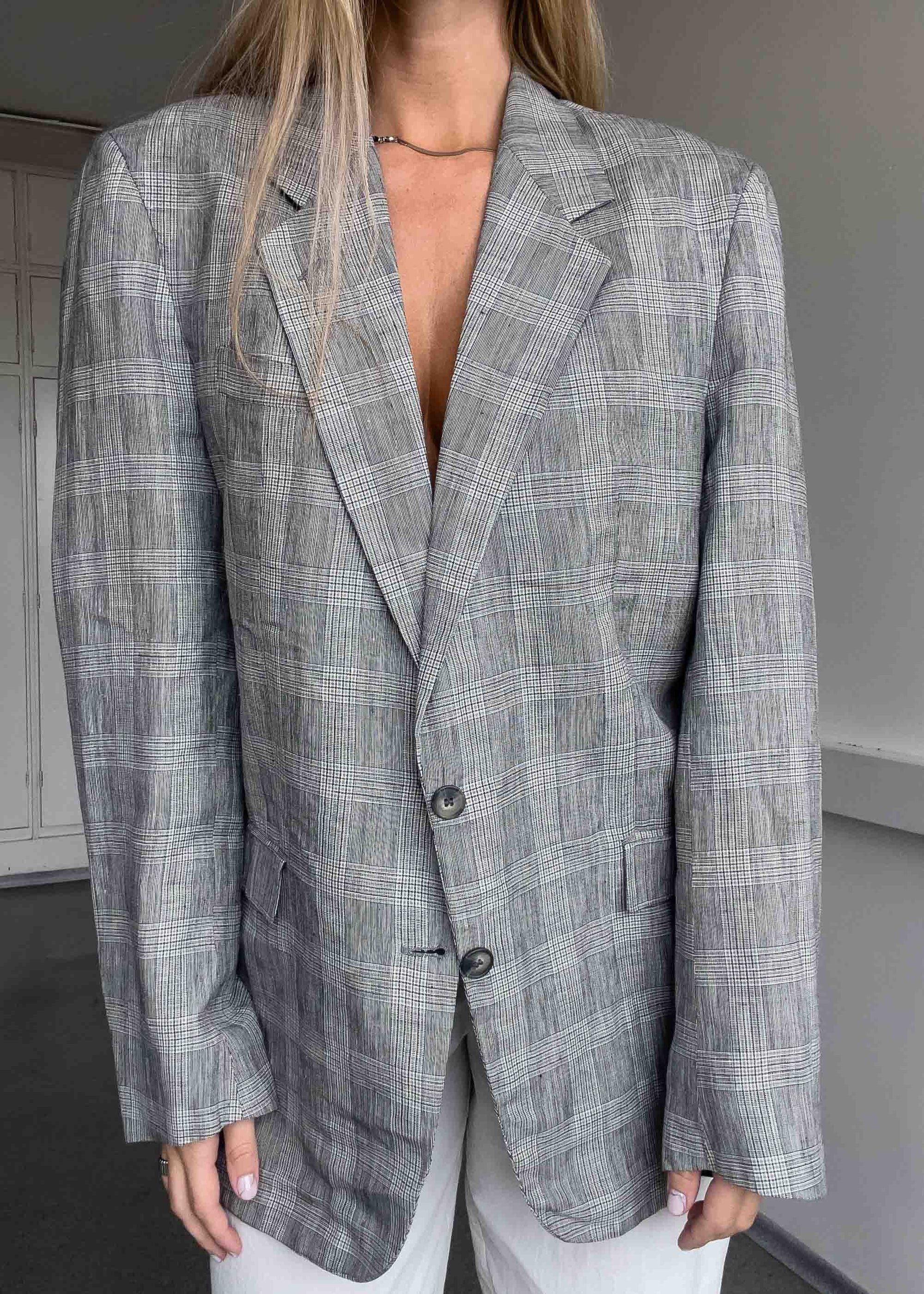 Vintage Grey Oversized Linen Blazer