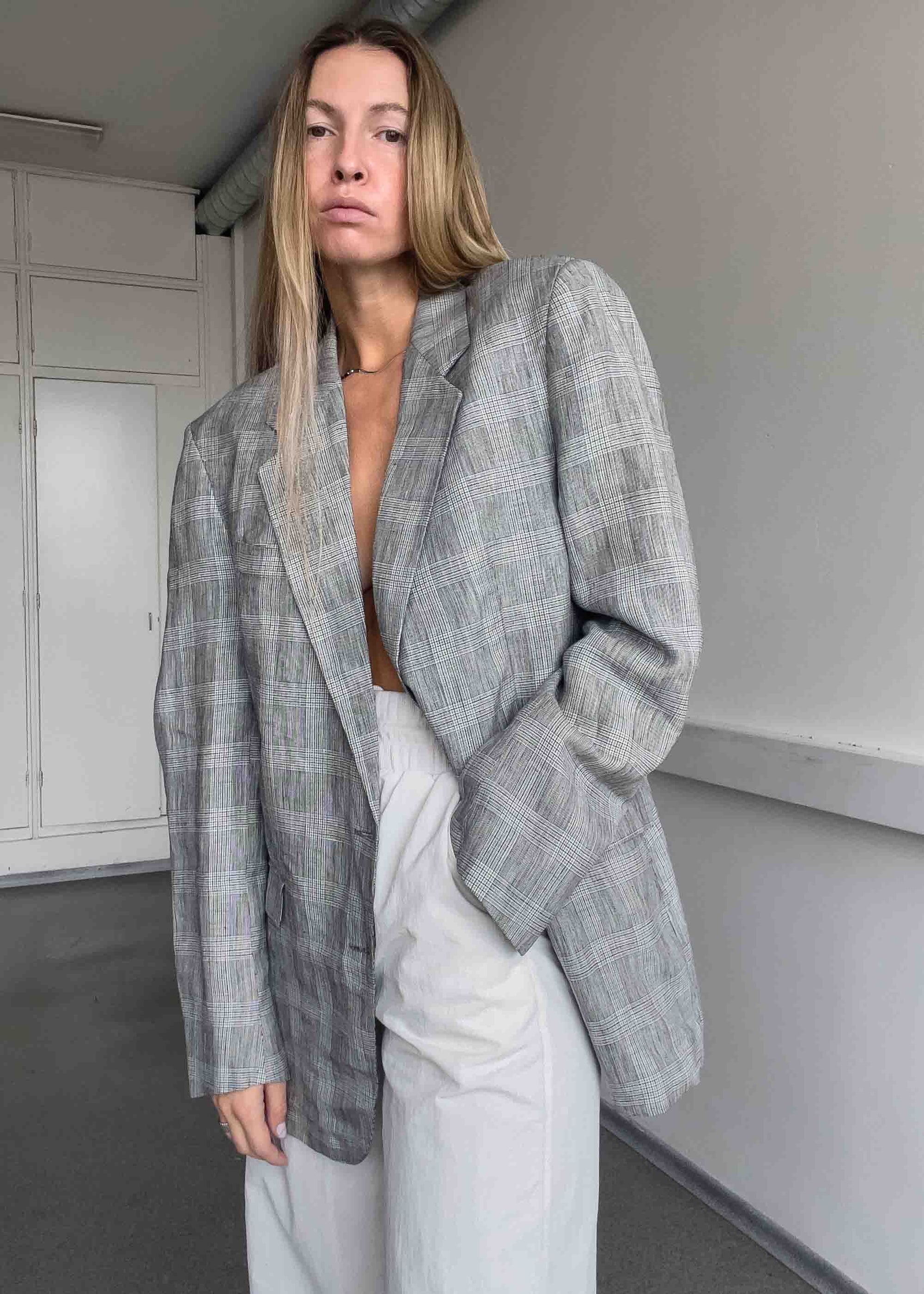 Vintage Grey Oversized Linen Blazer