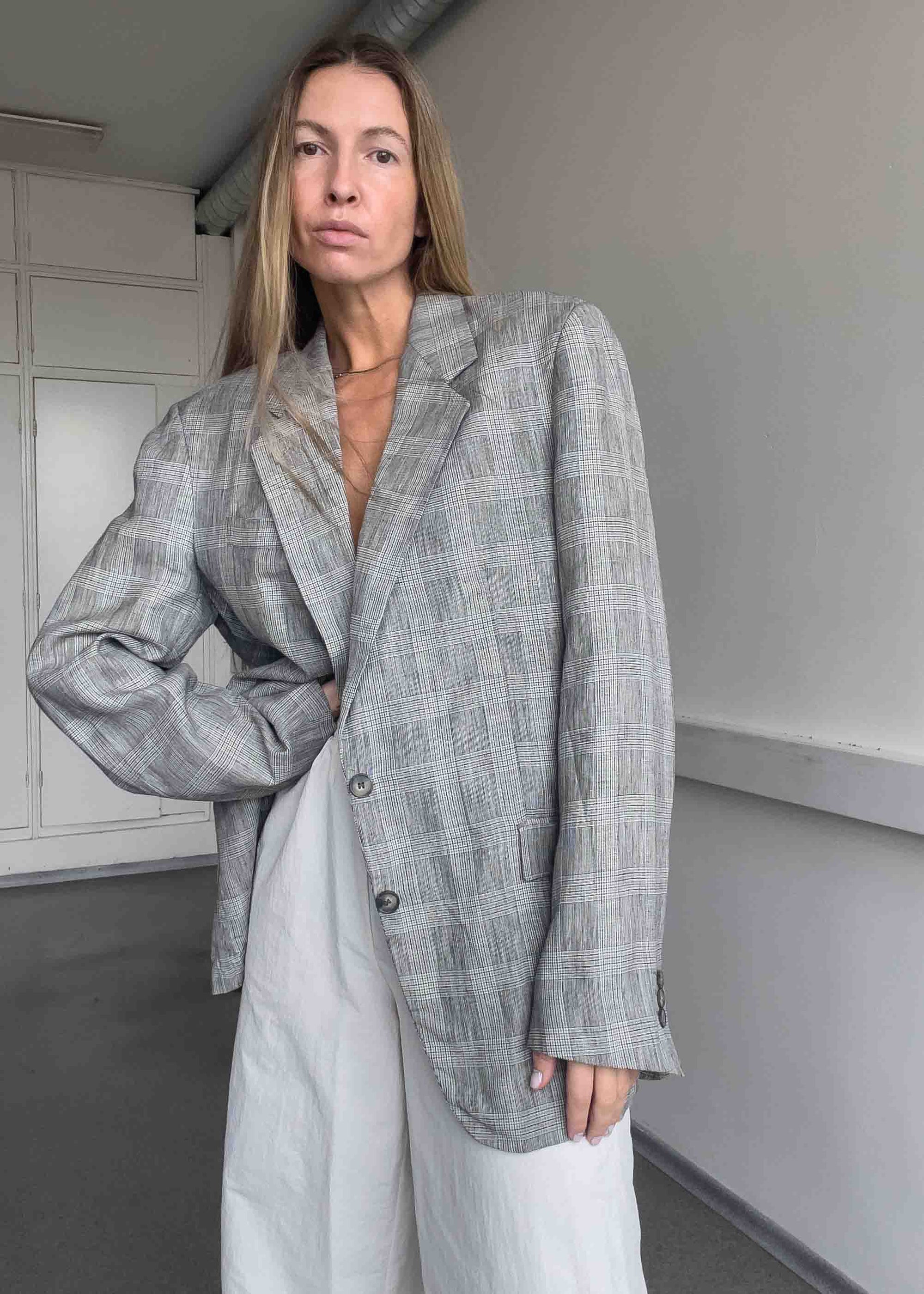 Vintage Grey Oversized Linen Blazer