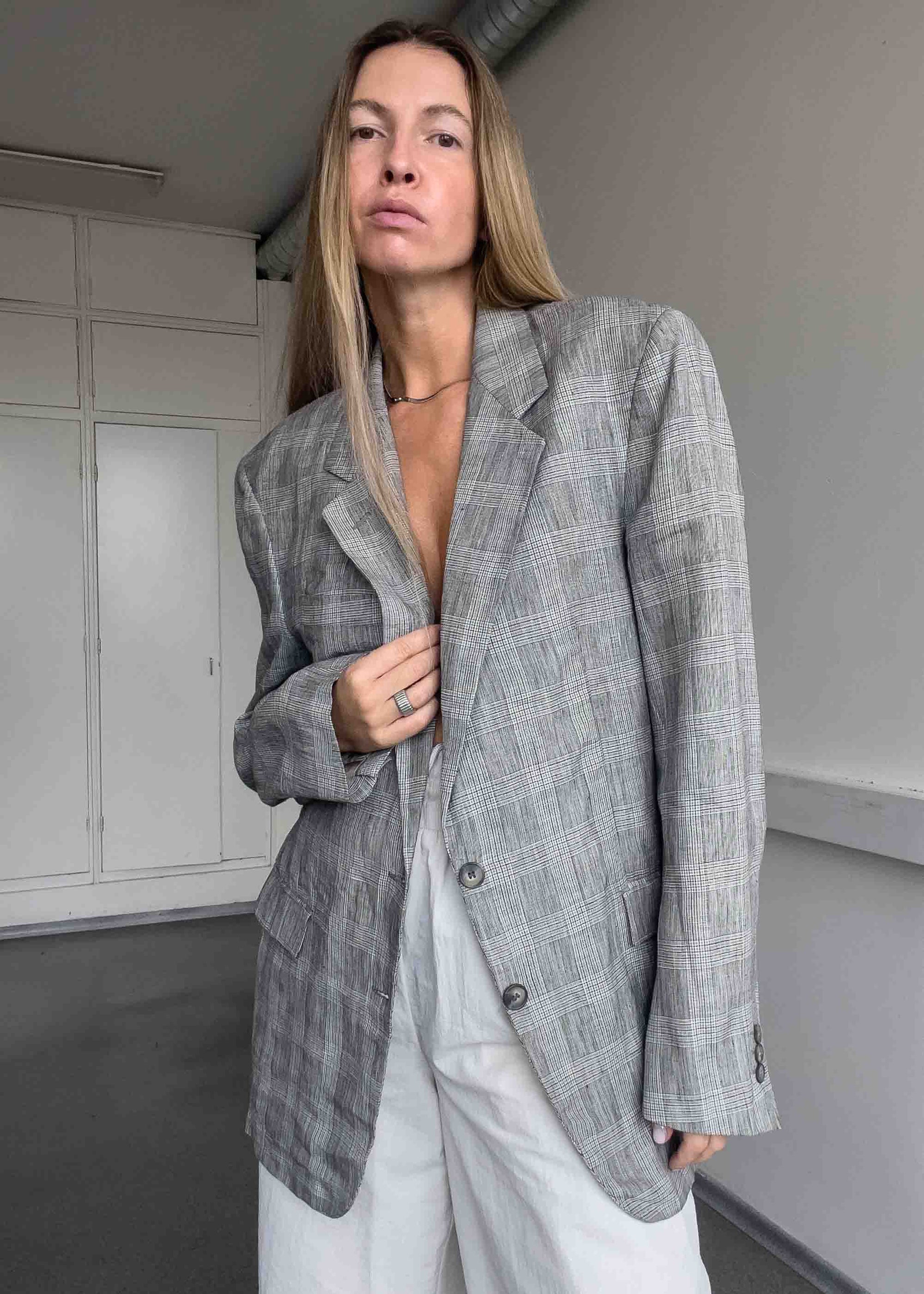 Vintage Grey Oversized Linen Blazer