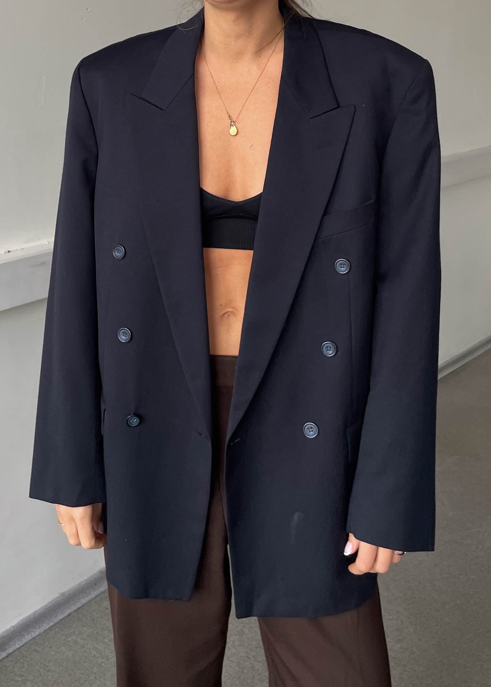 Vintage Navy Blue Stripe Patterned Oversized Double Breasted Blazer