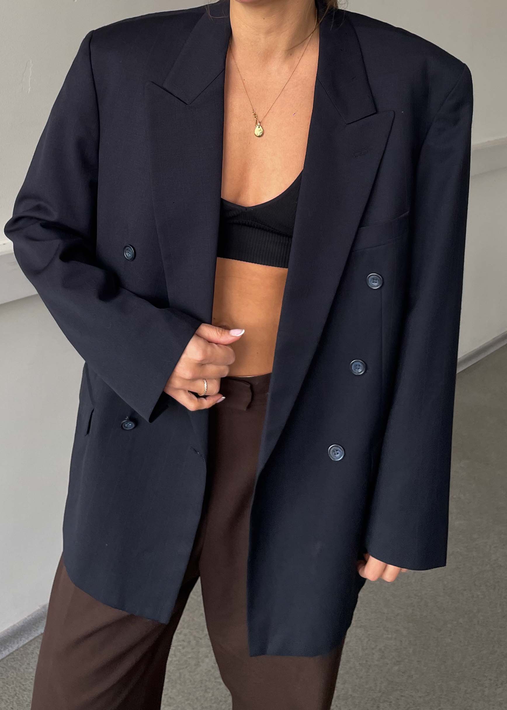 Vintage Navy Blue Stripe Patterned Oversized Double Breasted Blazer