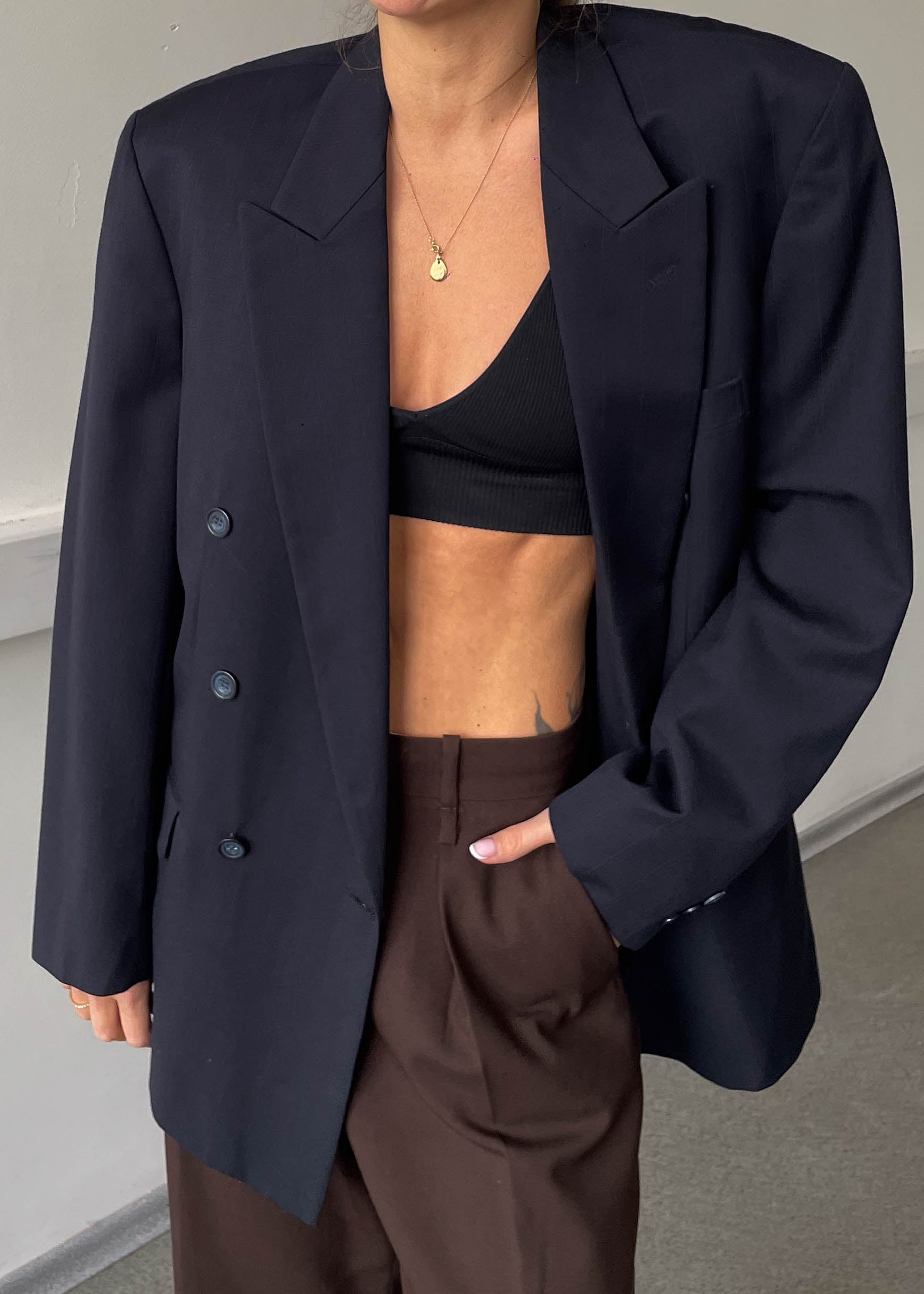 Vintage Navy Blue Stripe Patterned Oversized Double Breasted Blazer